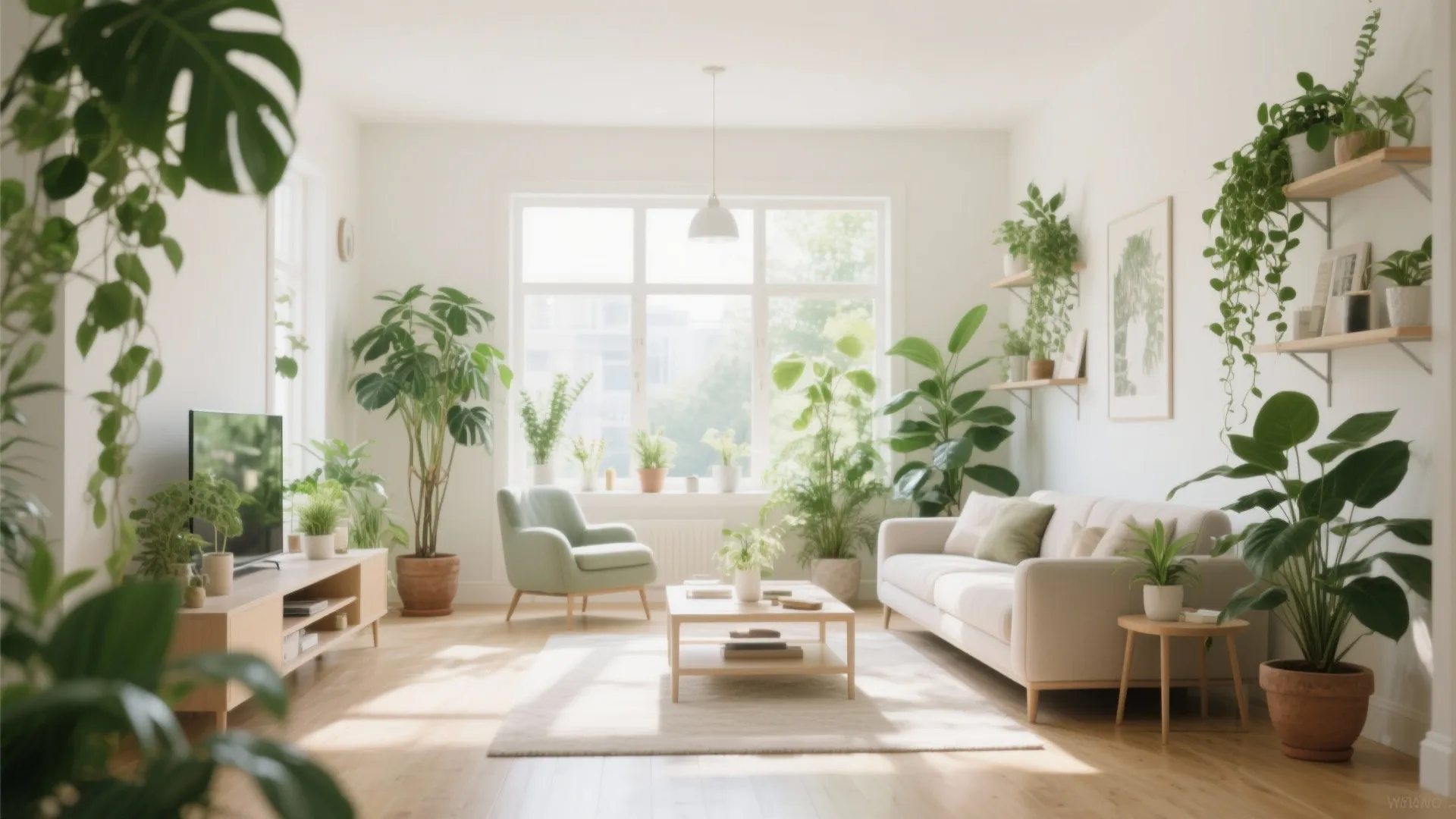 Living room with tall potted plants and hanging greenery for a fresh feel