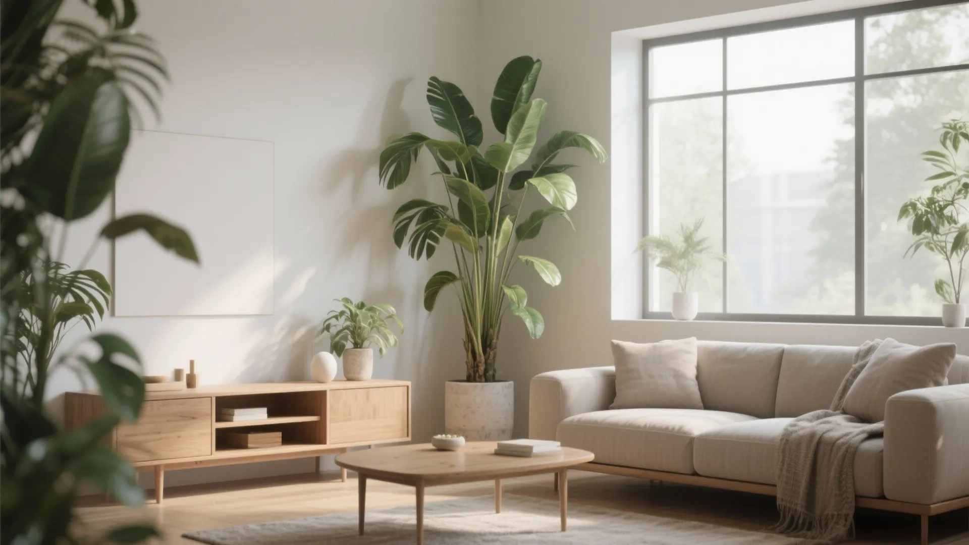 Bright living room with large green indoor plants beige sofa wooden coffee table and natural light