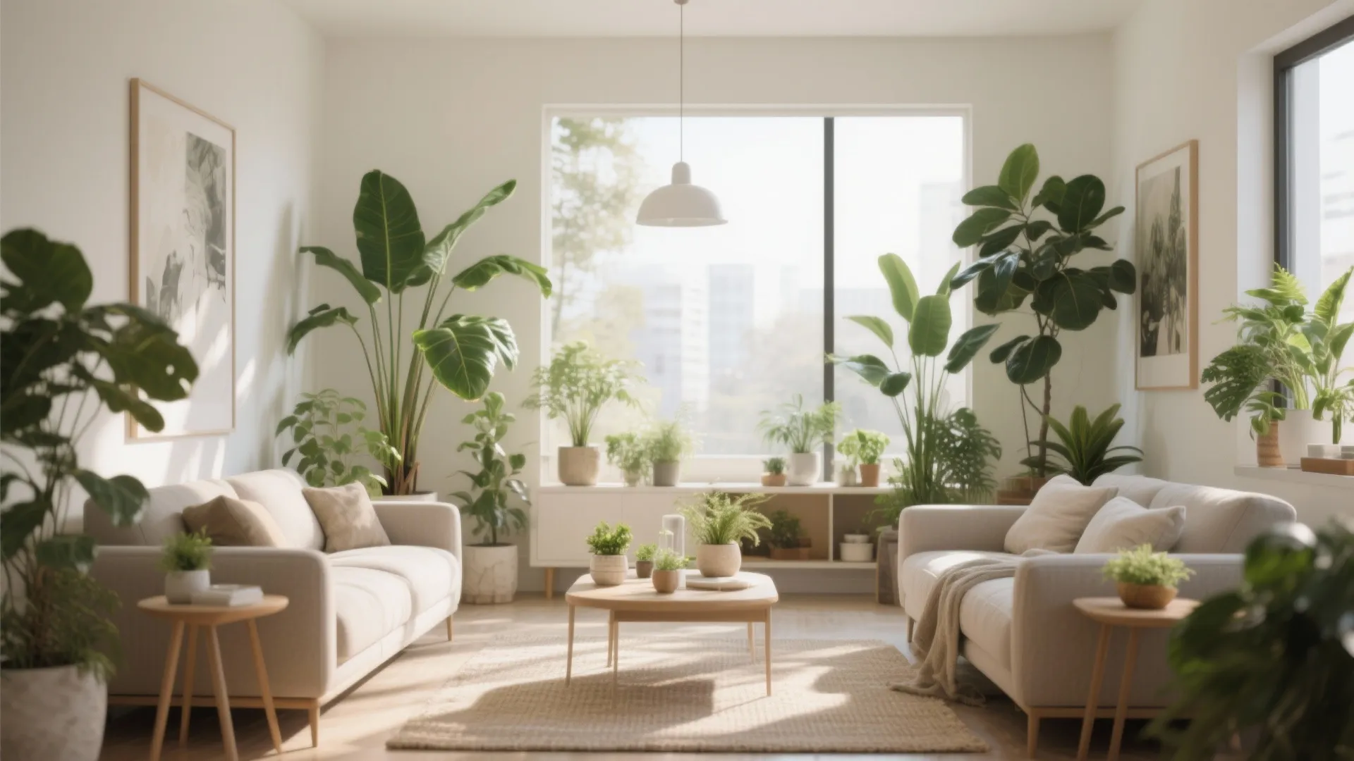 Bright living room filled with many green indoor plants and two beige sofas with sunlight