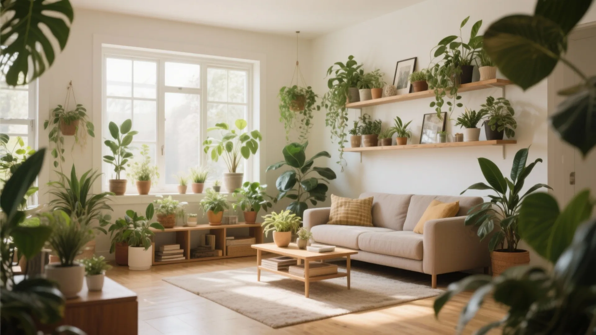 Living room with assorted indoor plants brightening the space