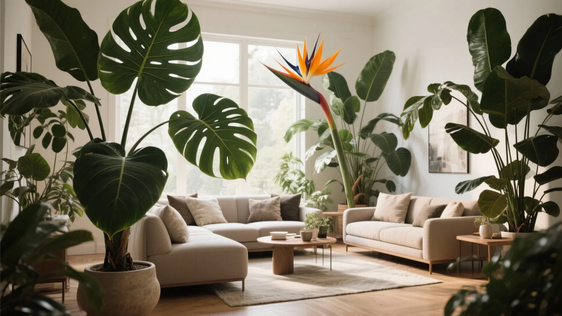 Bright living room decorated with many large green indoor plants beige sofas and wooden table