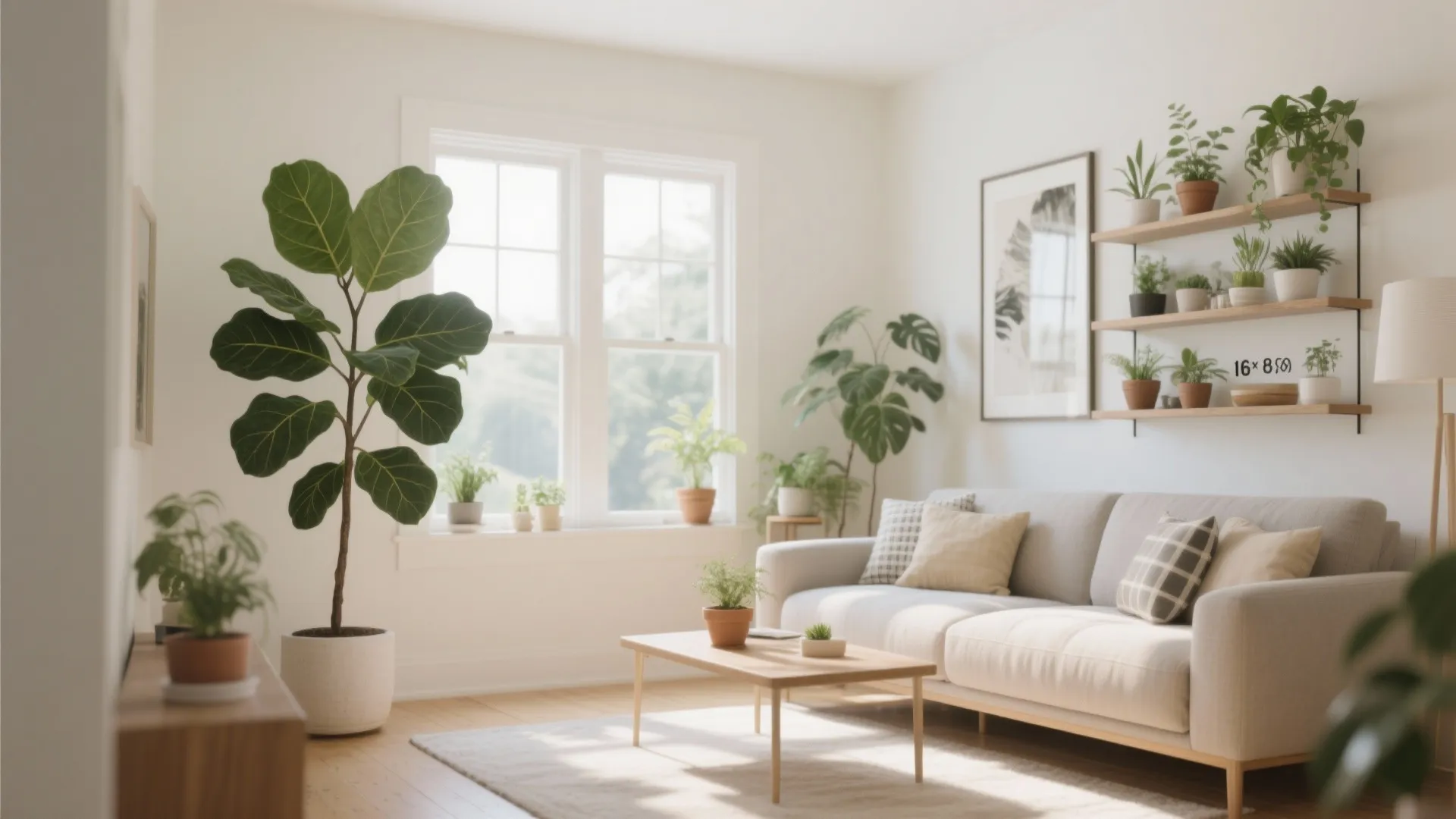 Bright living room with white sofa wooden shelves many green potted plants and natural light