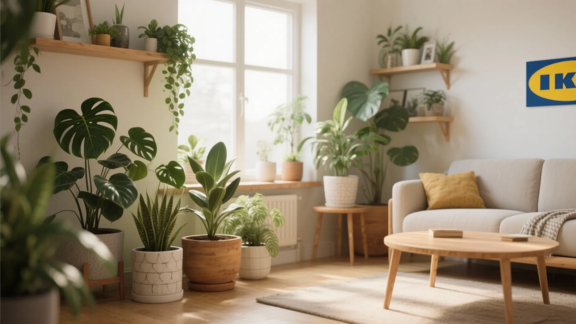 Indoor plants and natural wood accents in a small IKEA-style living room