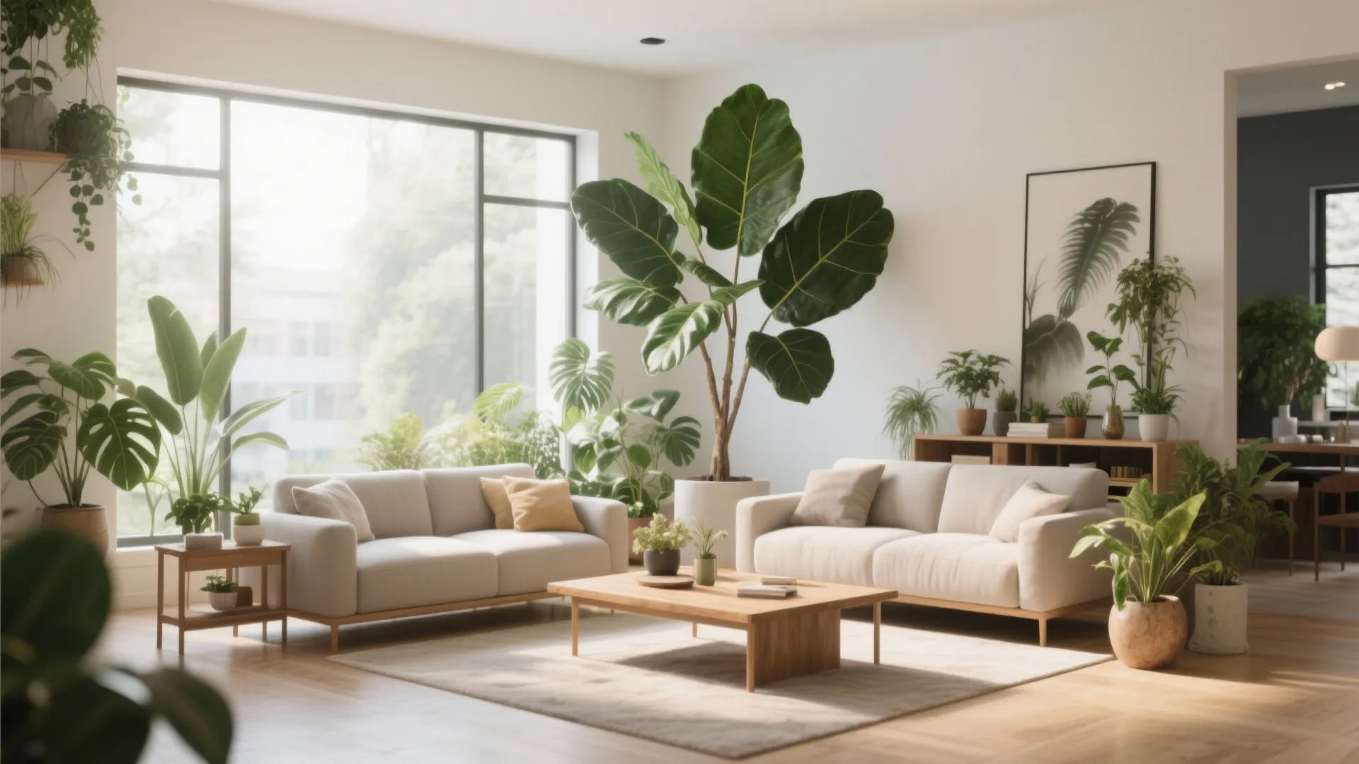 Light filled living room featuring many green indoor plants two beige sofas and a coffee table
