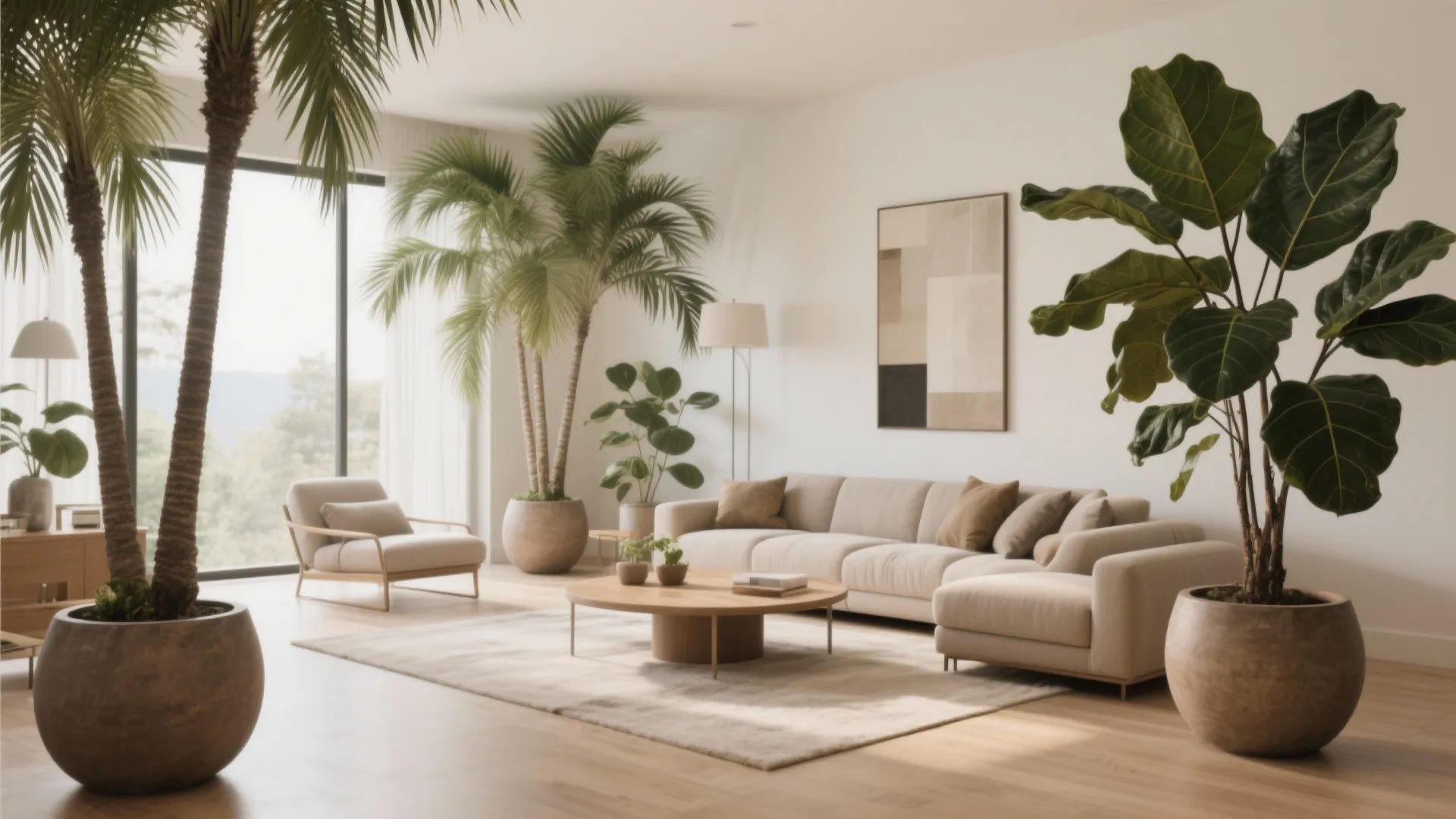 Modern bright living room featuring large green potted plants white sofa wooden table and natural light