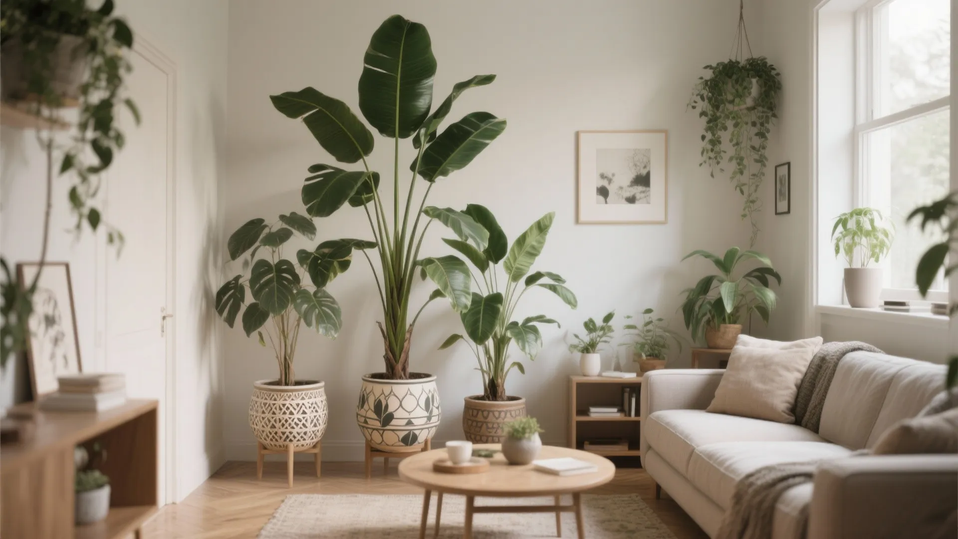 Bright living room featuring large leafy green plants in patterned pots beside a white sofa