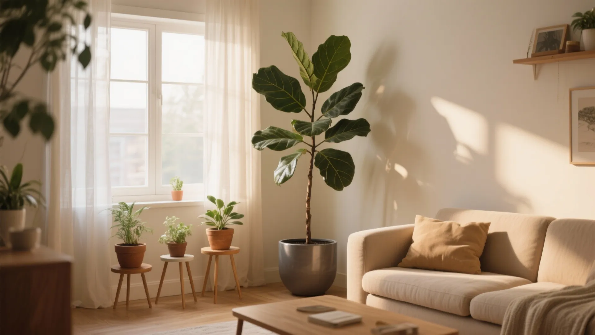 Bright living room with large green plant near window and several small plants on wooden stools