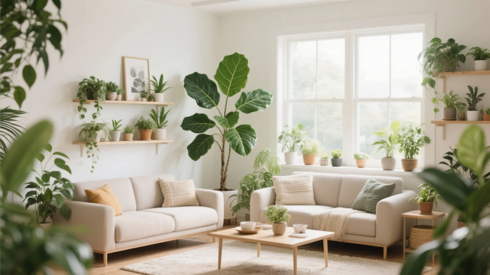 Bright living room with many green indoor plants on shelves and floor near white fabric sofas