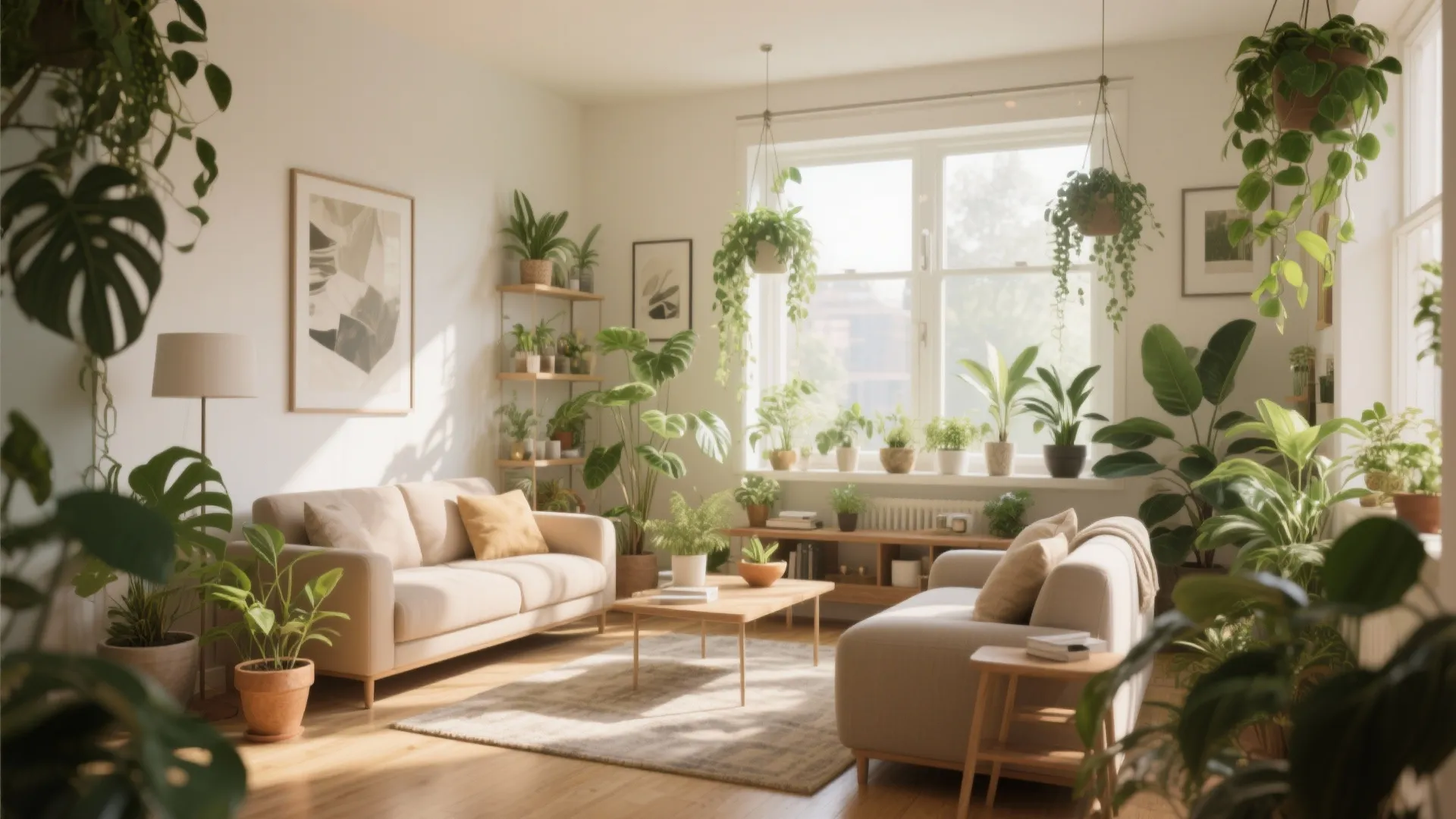 Bright living room filled with many green potted plants hanging and sitting near the windows