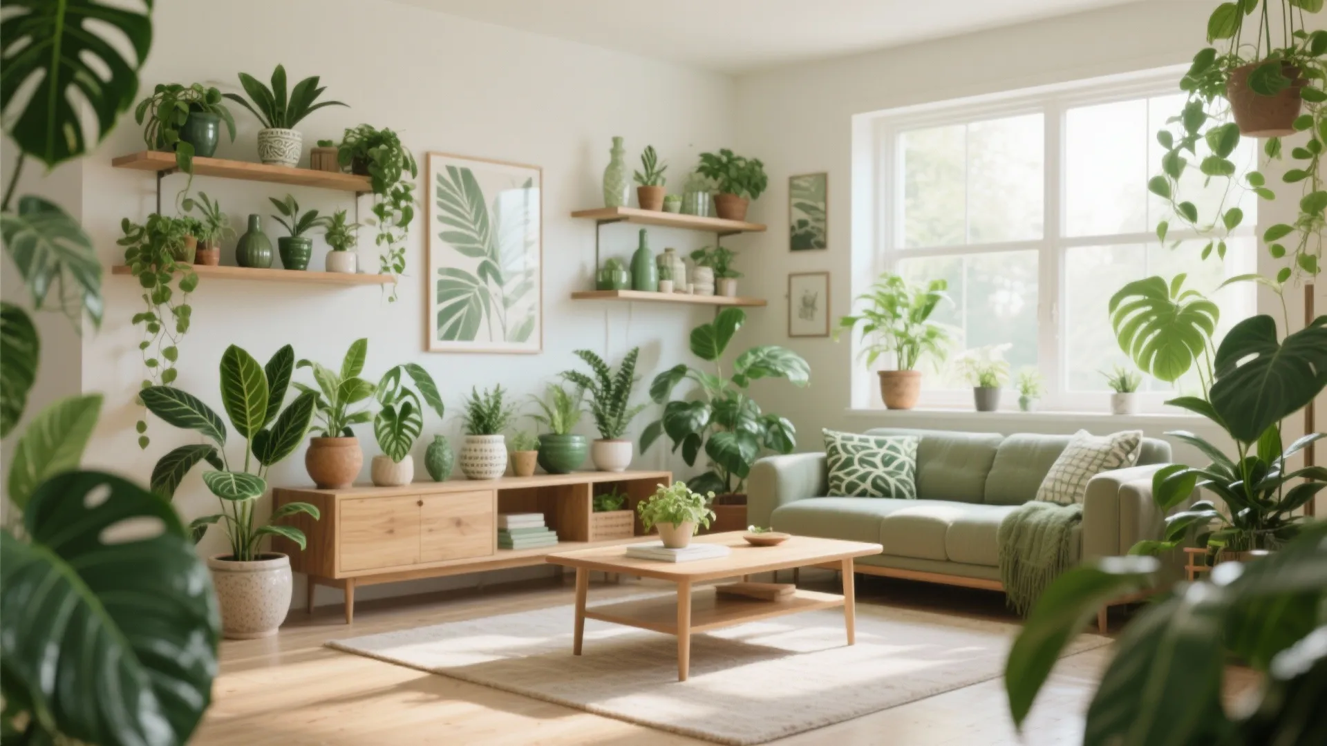 Bright living room decorated with multiple indoor plants
