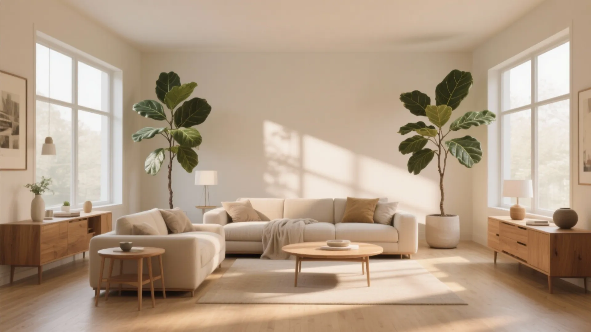 Minimalist living room design with white sofas wooden furniture large indoor plants and soft natural sunlight