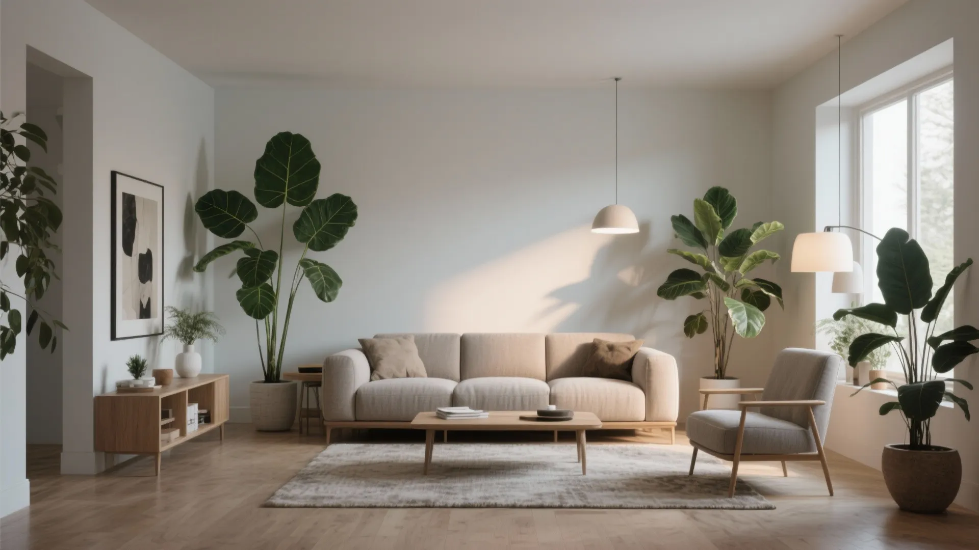 Minimalist living room featuring beige sofa wooden coffee table grey armchair and tall green plants