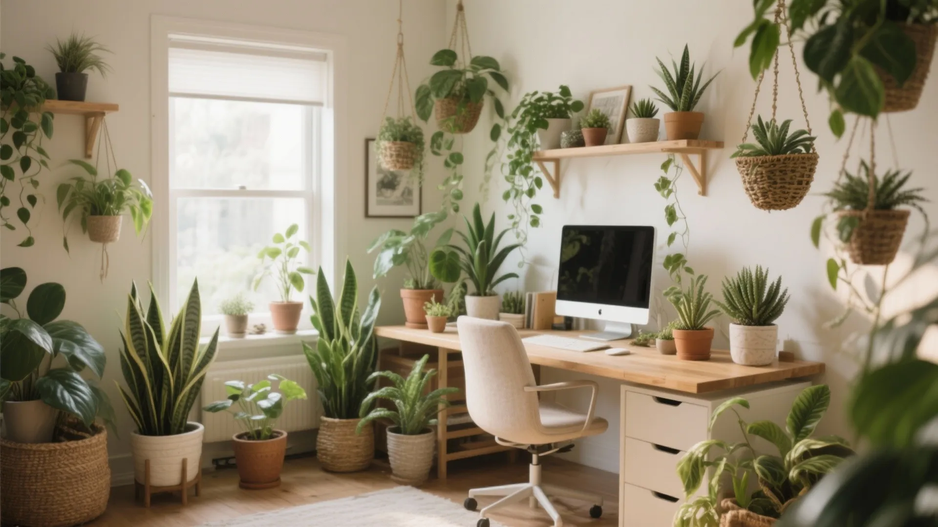 Bright home office featuring many green plants on shelves and hanging over a wooden workspace