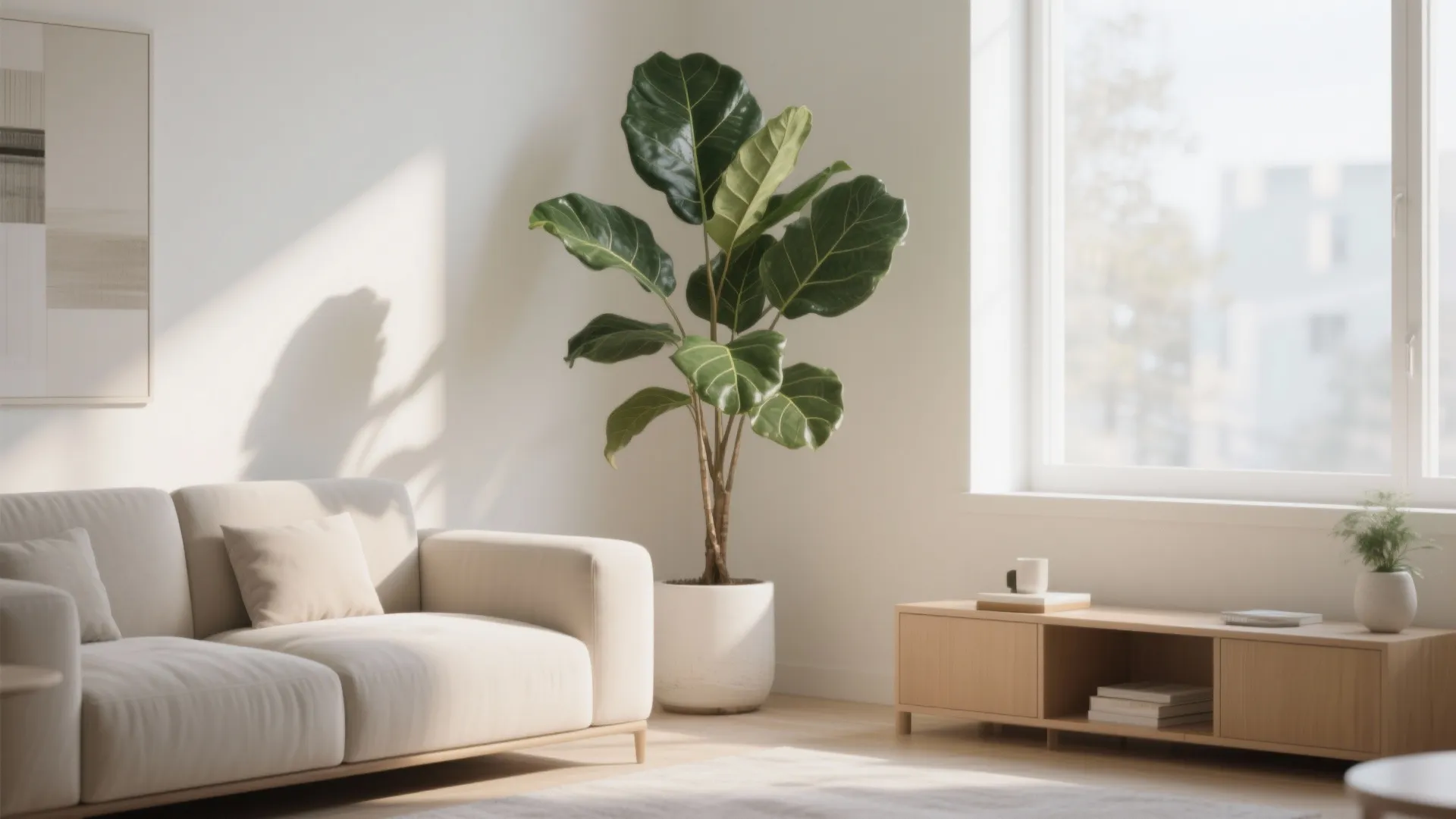 Large green plant in a white pot next to a sofa and wooden floor cabinet