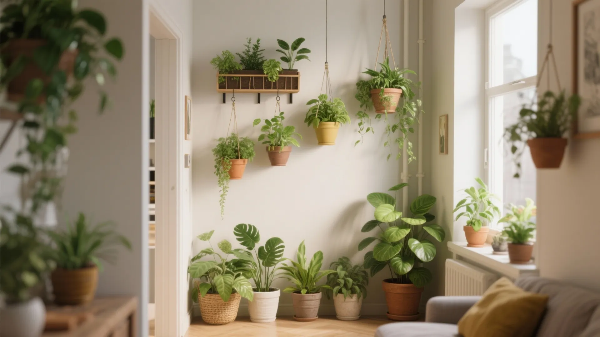 Indoor wall garden with many green plants in pots hanging on wall and on the floor