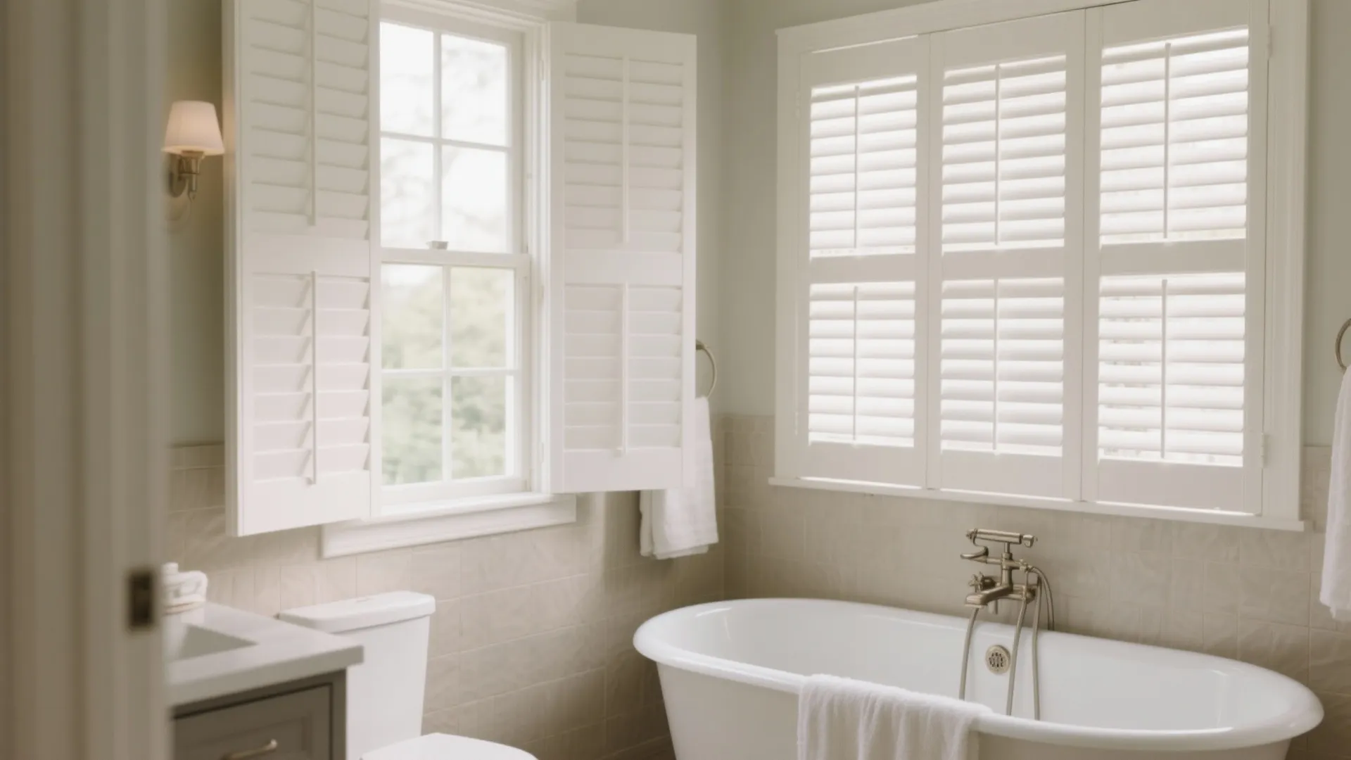 Neutral bathroom featuring a white bathtub with white shutters on windows and a wall light