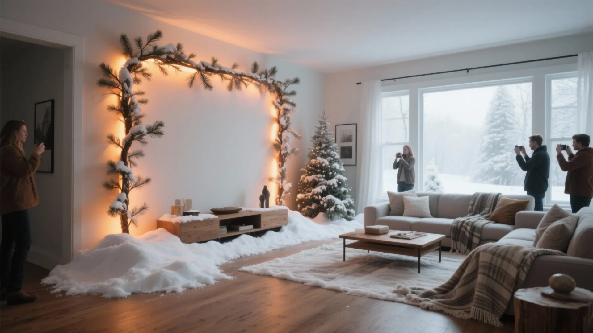 Modern living room with indoor snow piles pine arch light fixture and people taking photos