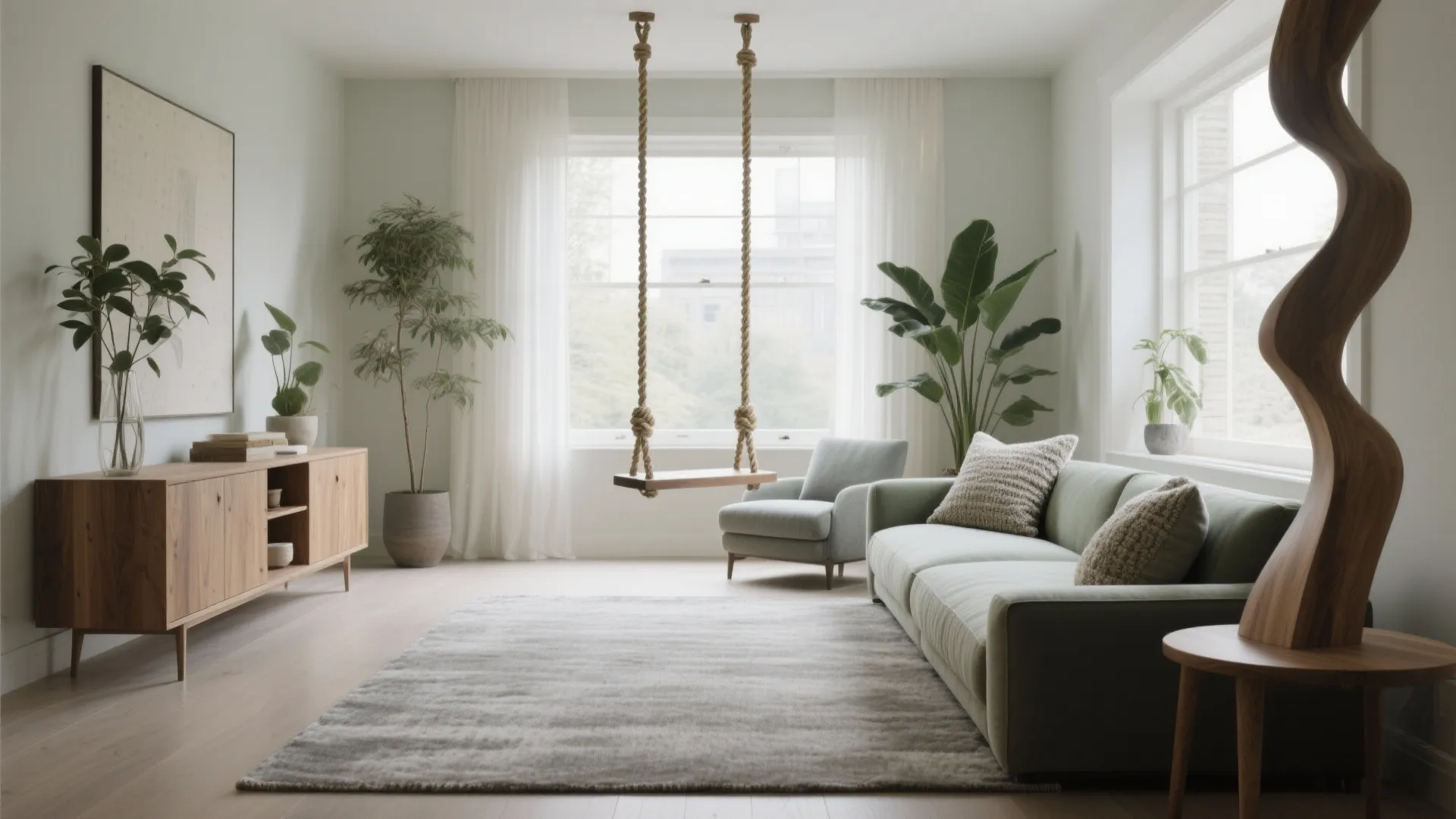 Modern living room with green sofa, wooden swing, large window, grey rug, and potted plants