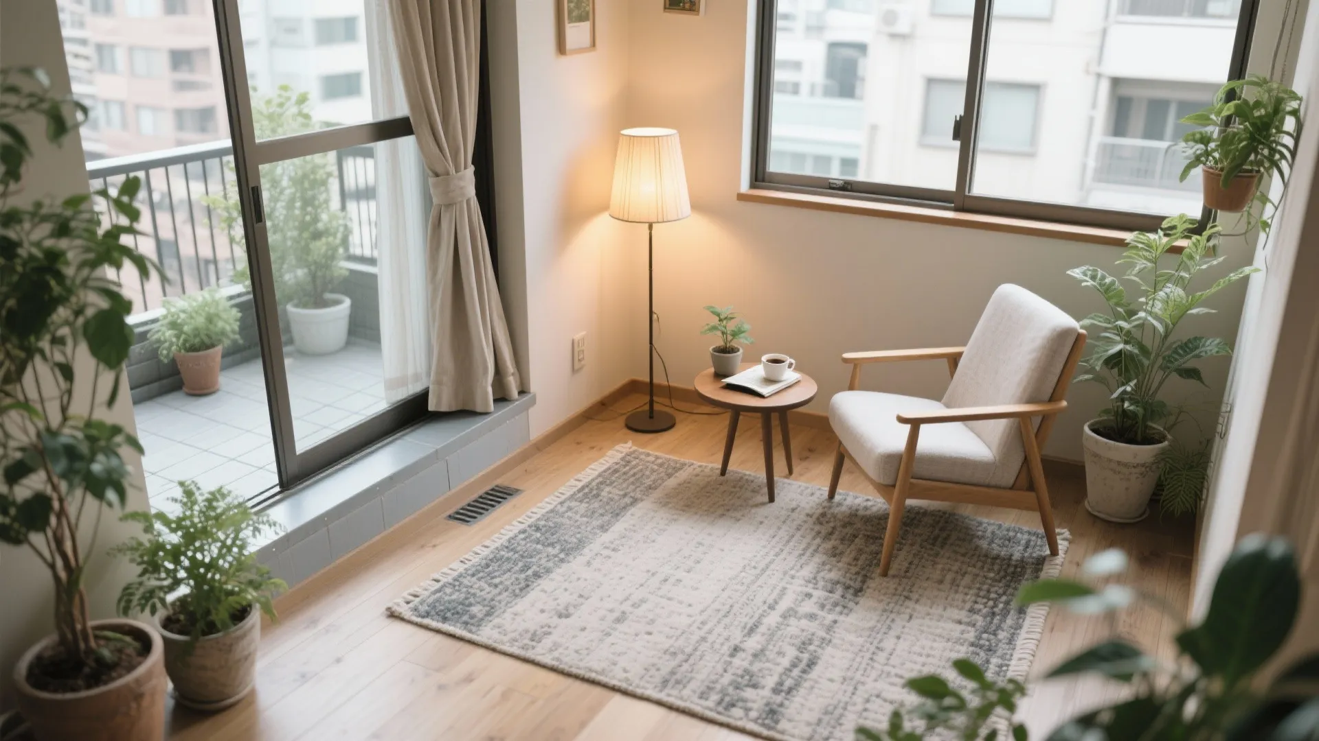 小さな“テラス”を屋内につくる：段差・ラグ・照明で領域化（日本都市・東京小戸型）