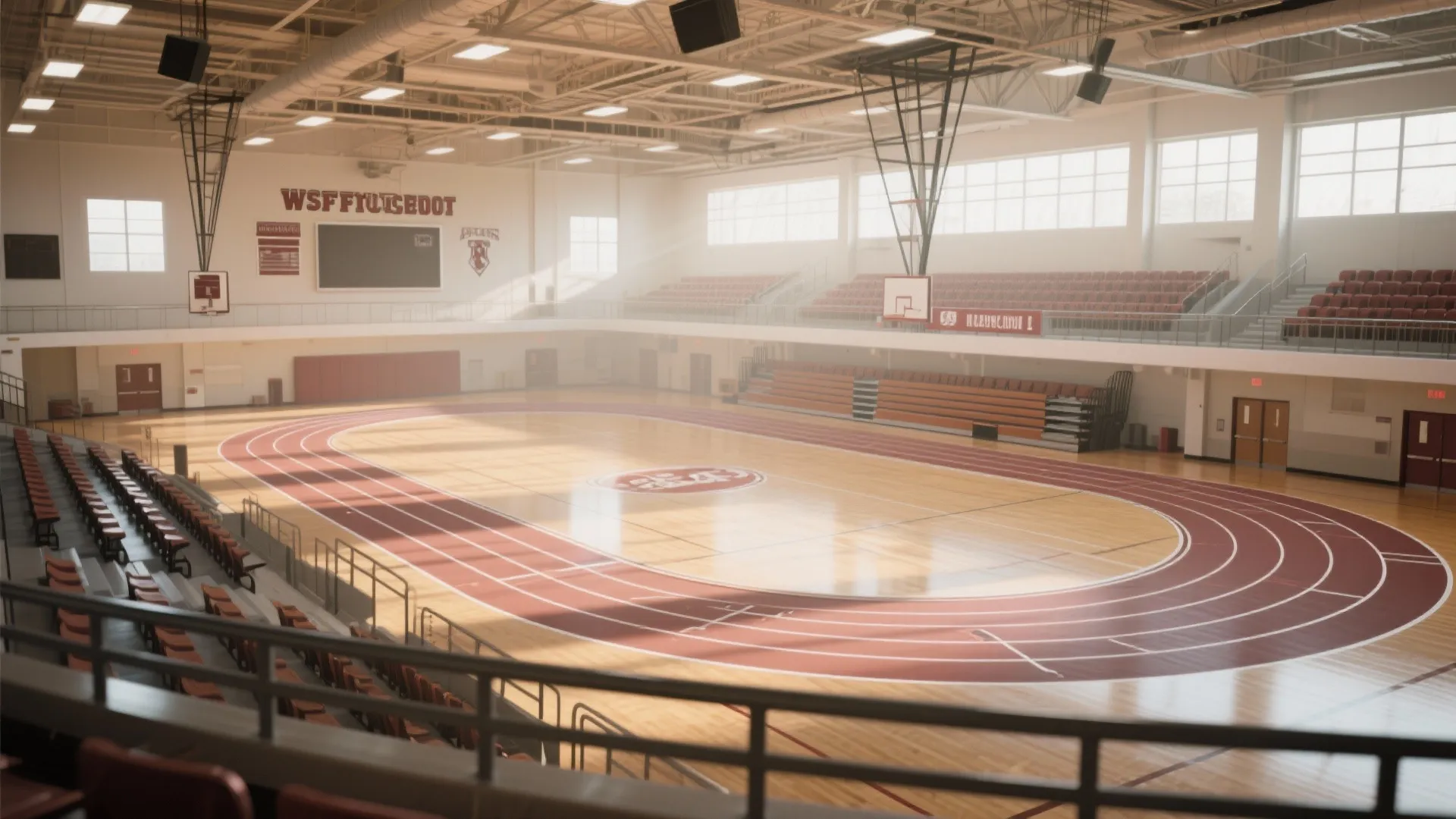 Large indoor sports hall with red running track loop around wooden basketball court and bleacher seating