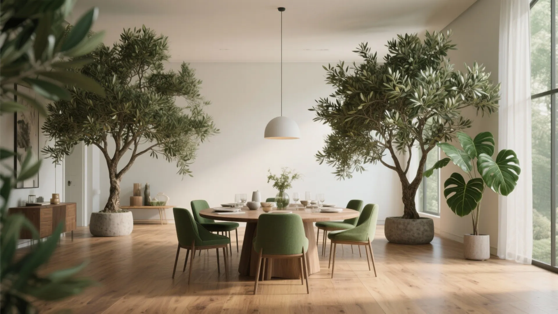 Modern dining room featuring large indoor trees green chairs wooden table and white ceiling light