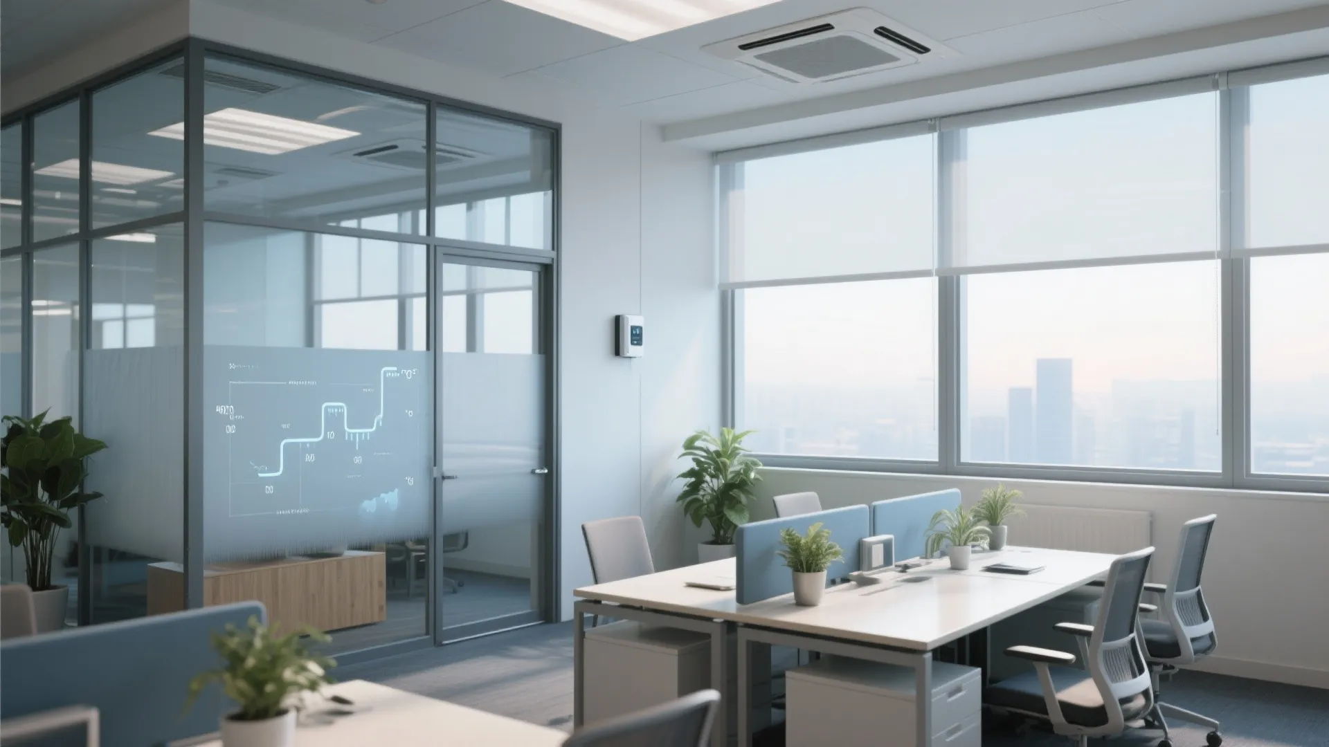 Modern office interior with white desks and blue chairs next to a glass meeting room