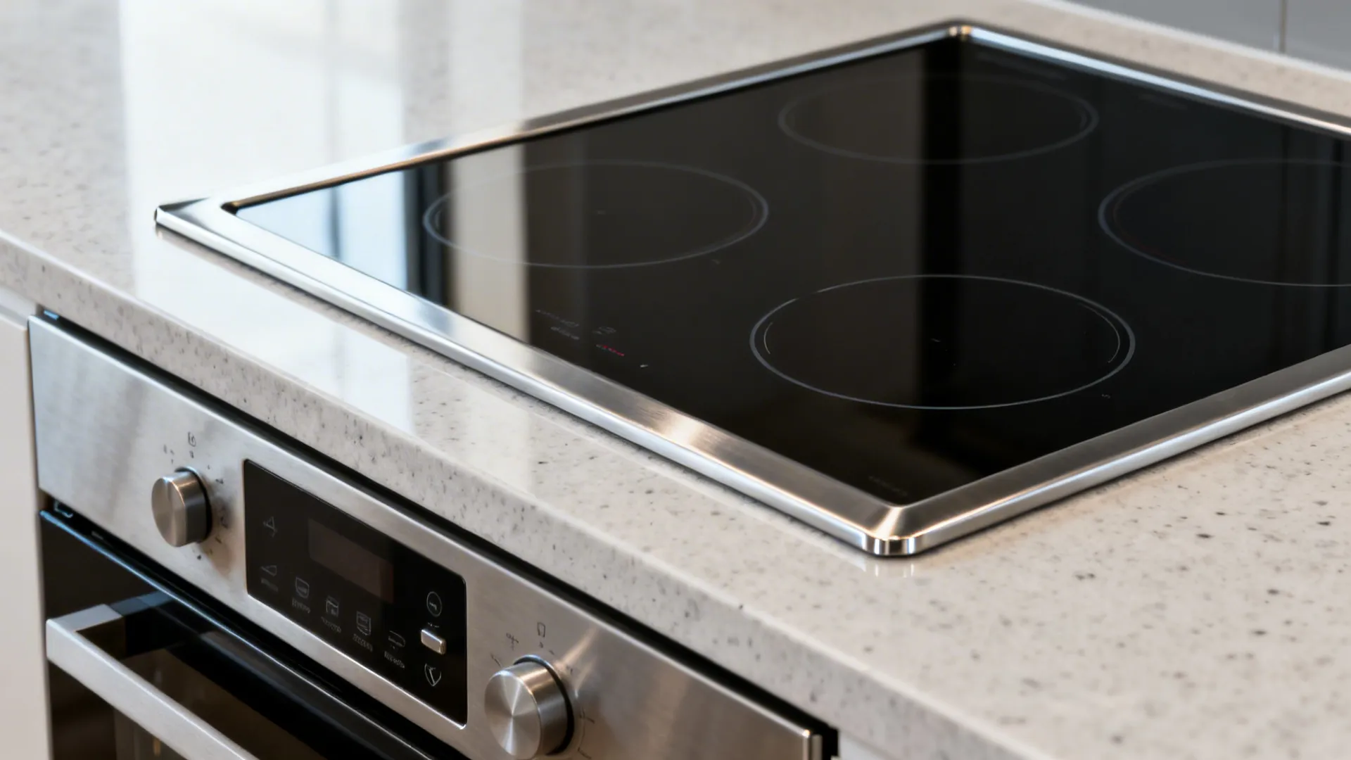 Modern black glass cooktop on white stone countertop above a silver oven with metal knobs