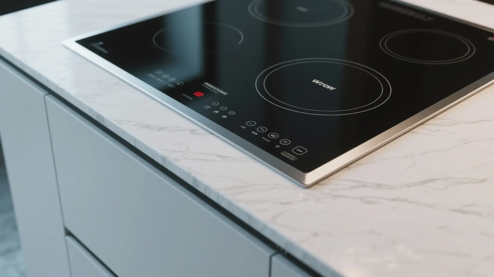 Macro close-up of an induction cooktop edge and control panel showing slim profile and safety.