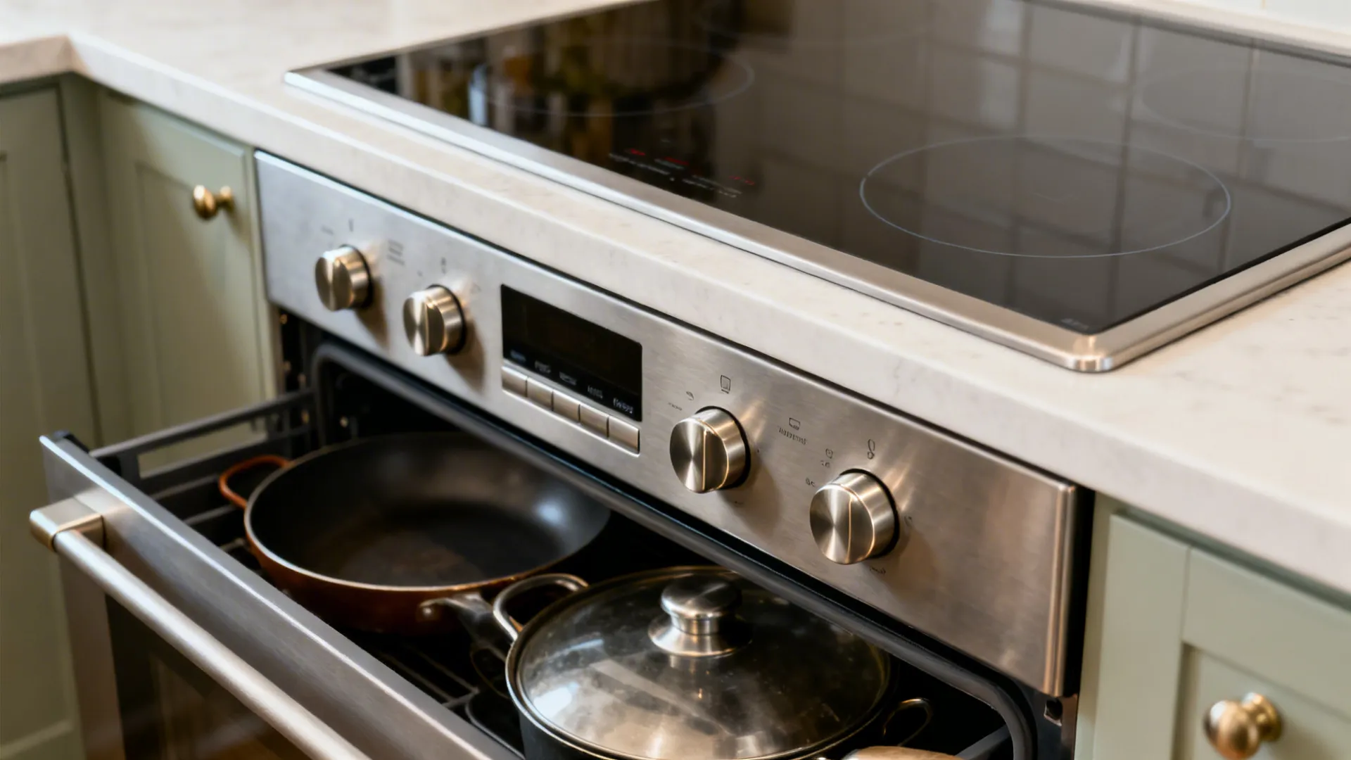 Macro of a slide-in induction range with front controls and a storage drawer below.