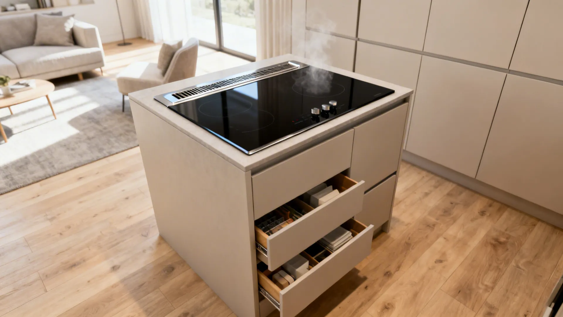 Compact modern island with an induction cooktop and integrated downdraft vent.