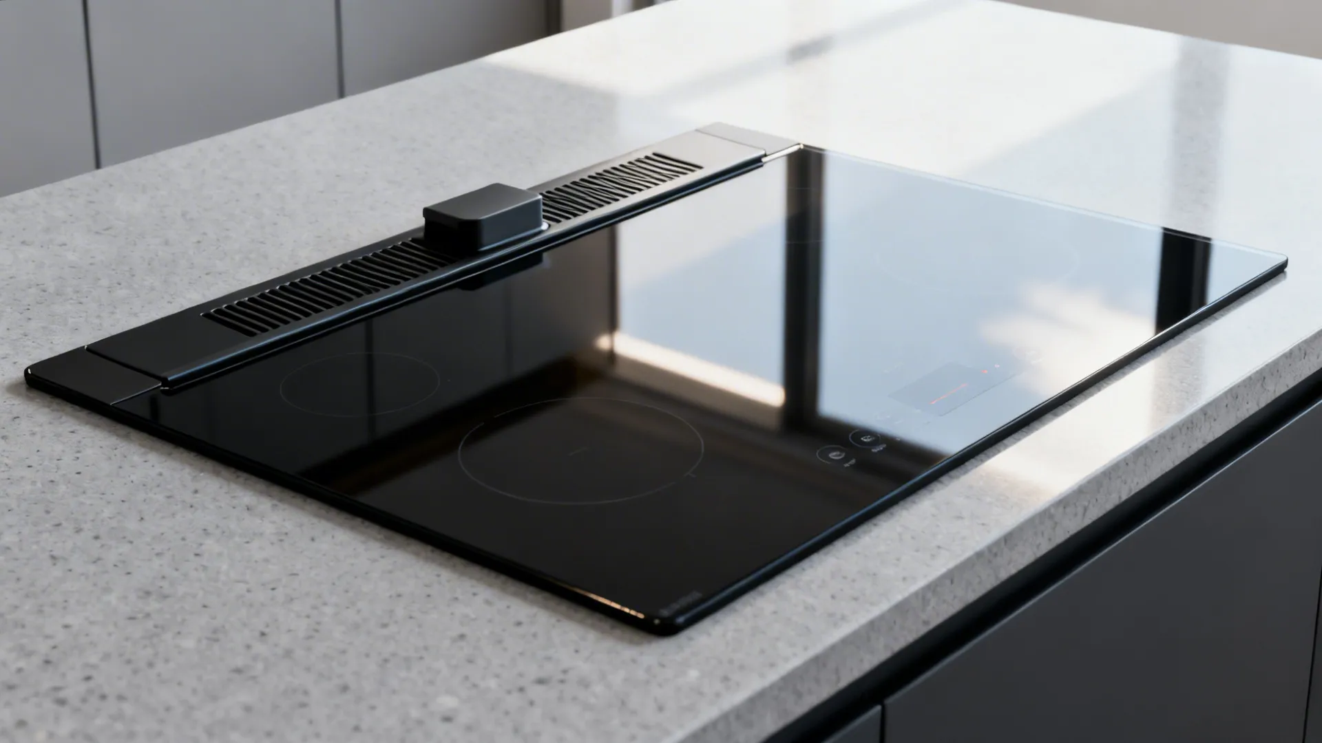 Flush black glass induction cooktop with pop-up downdraft vent in a quartz counter, clean edges and minimal sightlines.