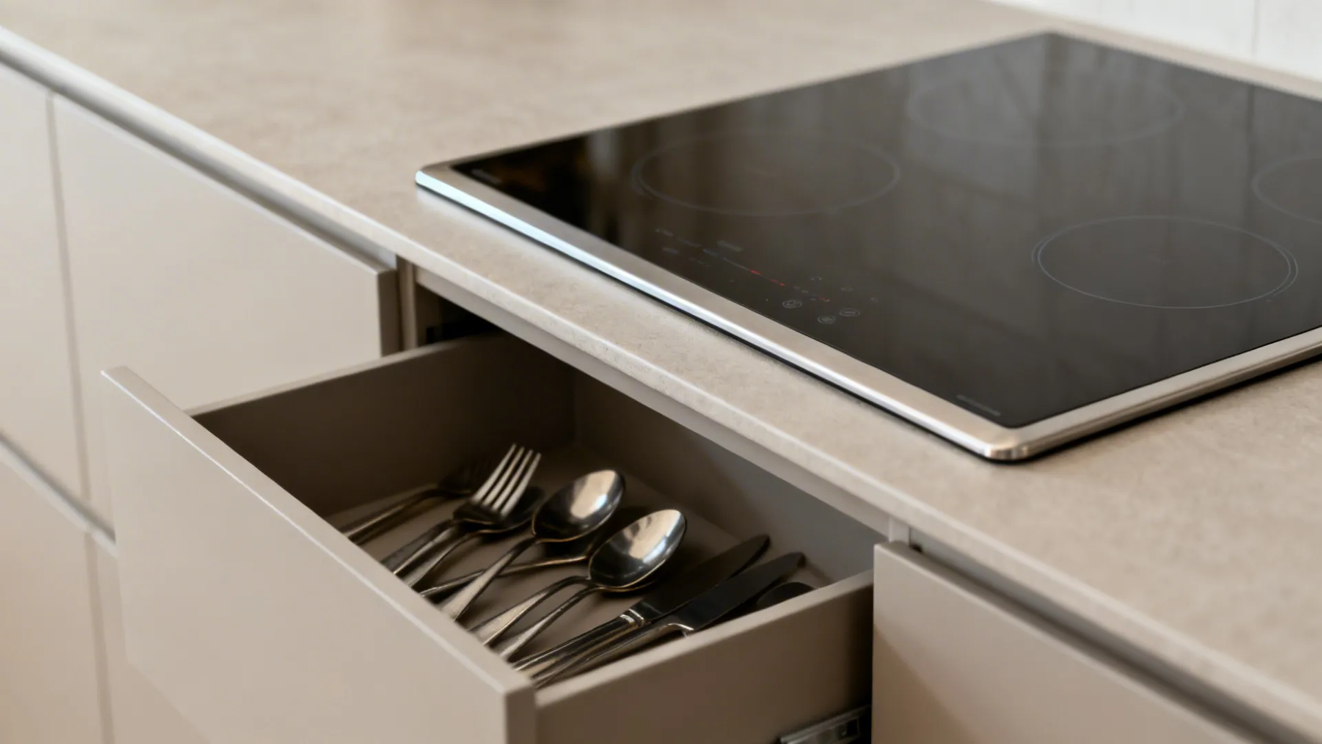 Close-up of an induction cooktop with a shallow utensil drawer beneath, showing tidy clearance.