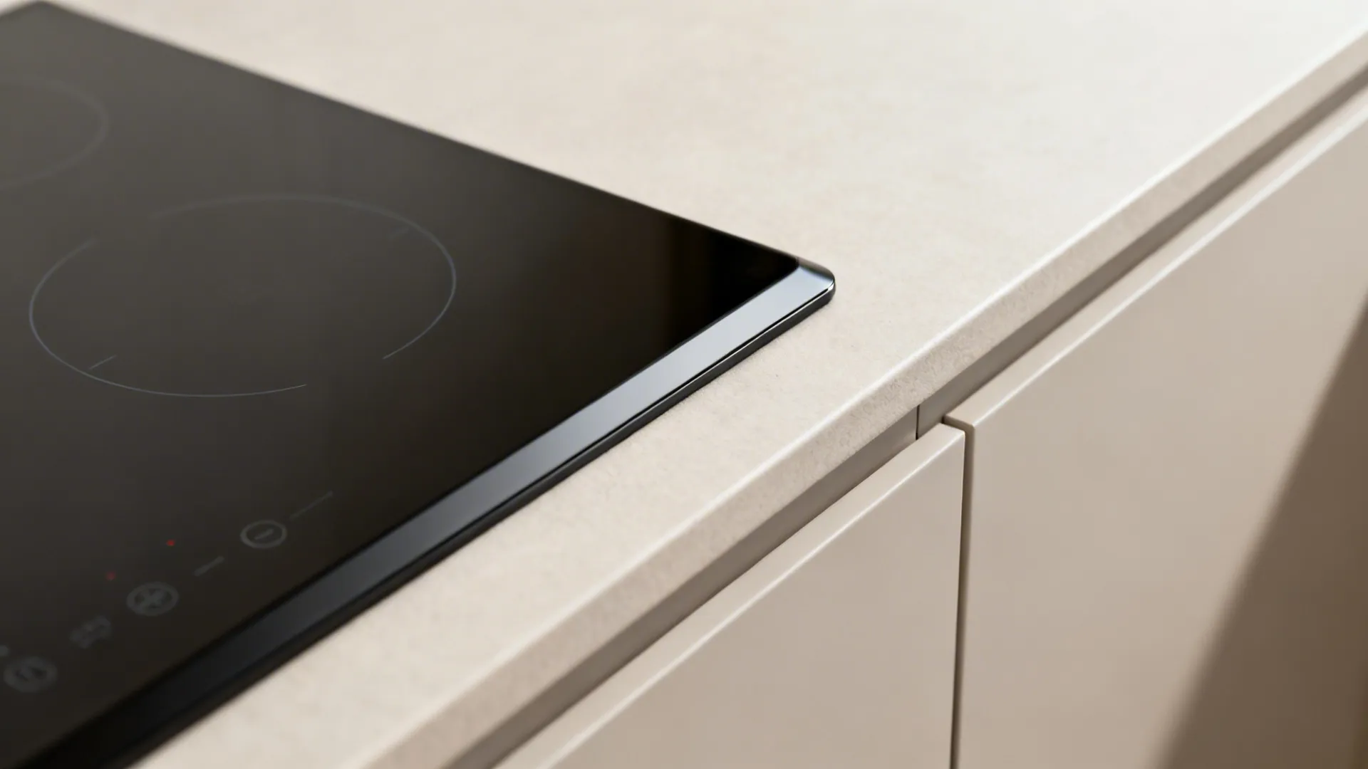 Macro of a flush-set compact induction cooktop with etched touch controls and a beveled edge.