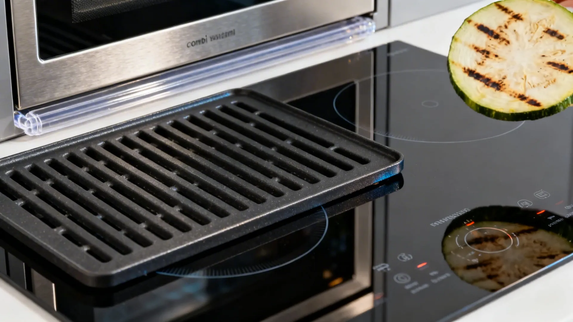Macro of an induction cooktop with a fitted grill plate and a compact combi steam oven above.