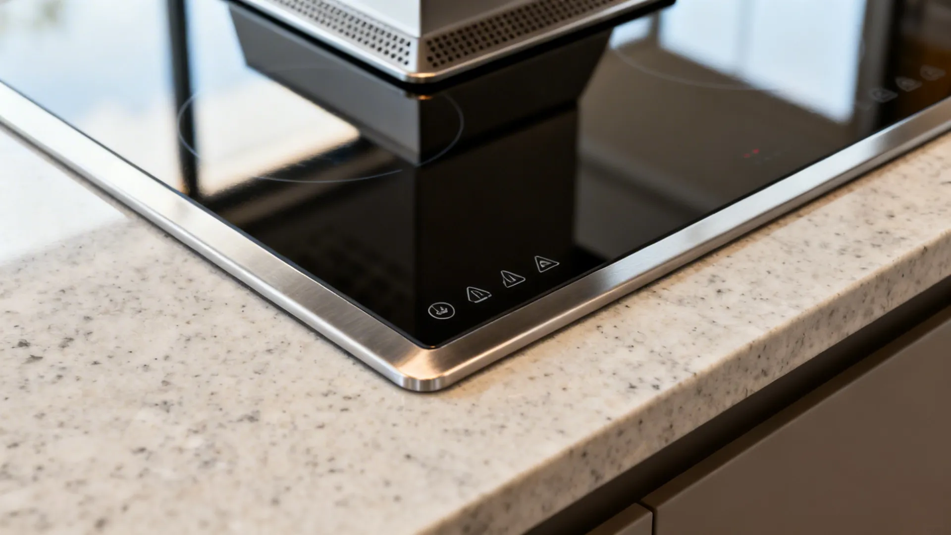 Macro of an induction cooktop edge with quartz countertop in a clean hotel kitchenette.