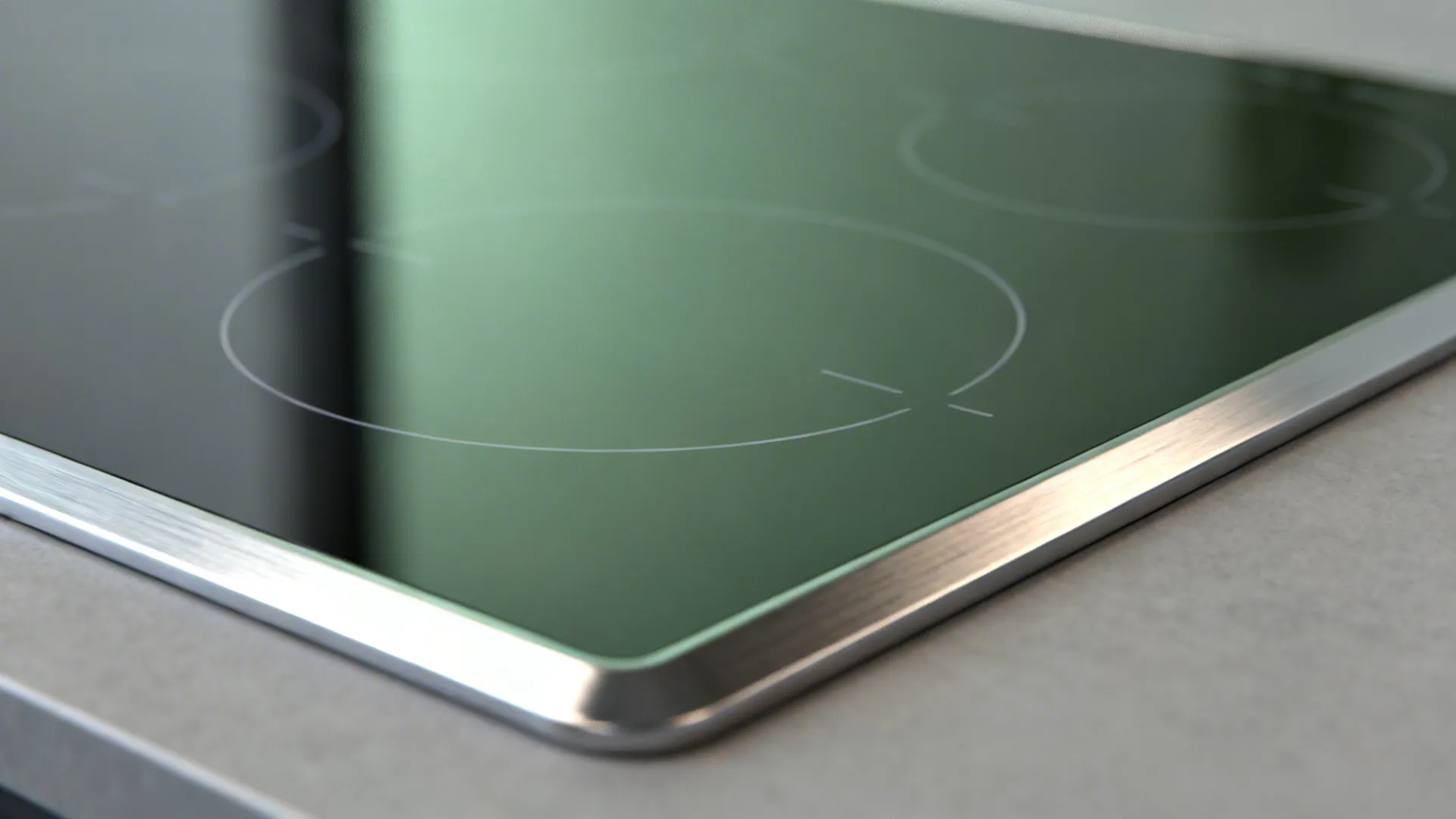 Macro detail of a black glass induction cooktop with brushed steel trim.
