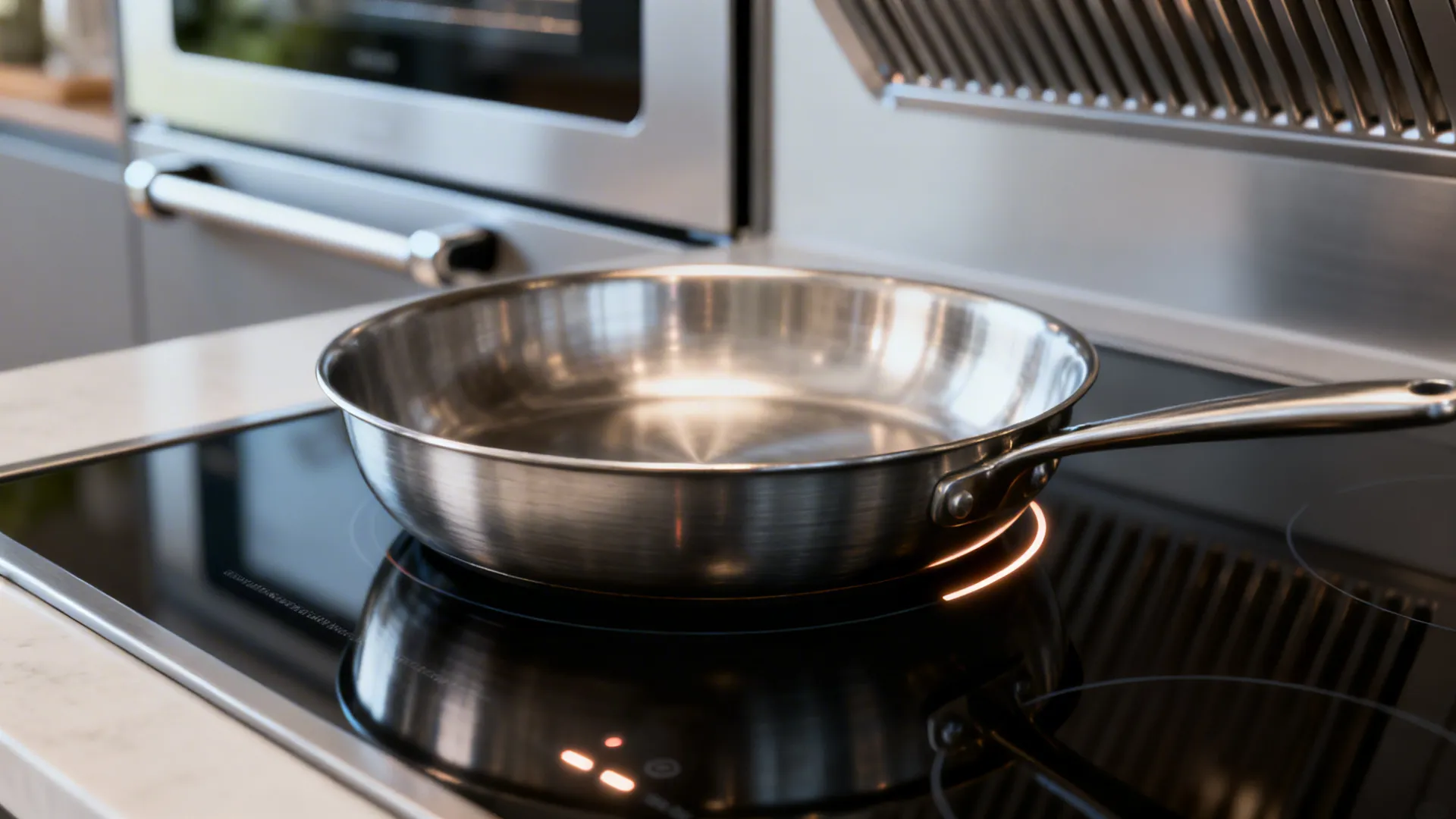 Macro of induction cooktop with a flat stainless pan and clean hood baffle in background.