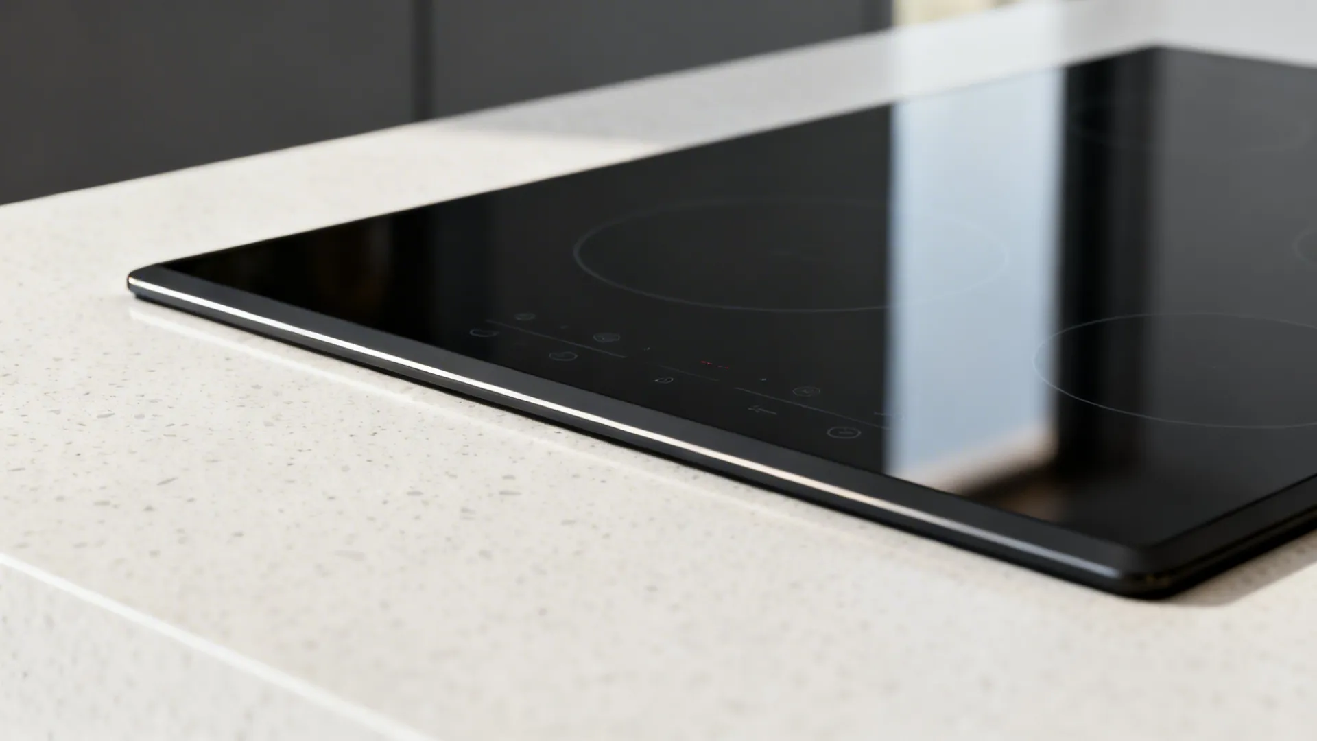 Close up of a black glass electric cooktop built into a light stone kitchen countertop