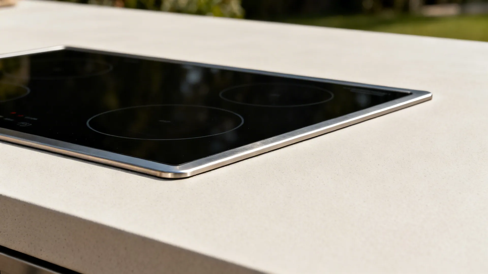 Macro of an induction side burner inset in a matte porcelain outdoor counter with brushed steel trim.