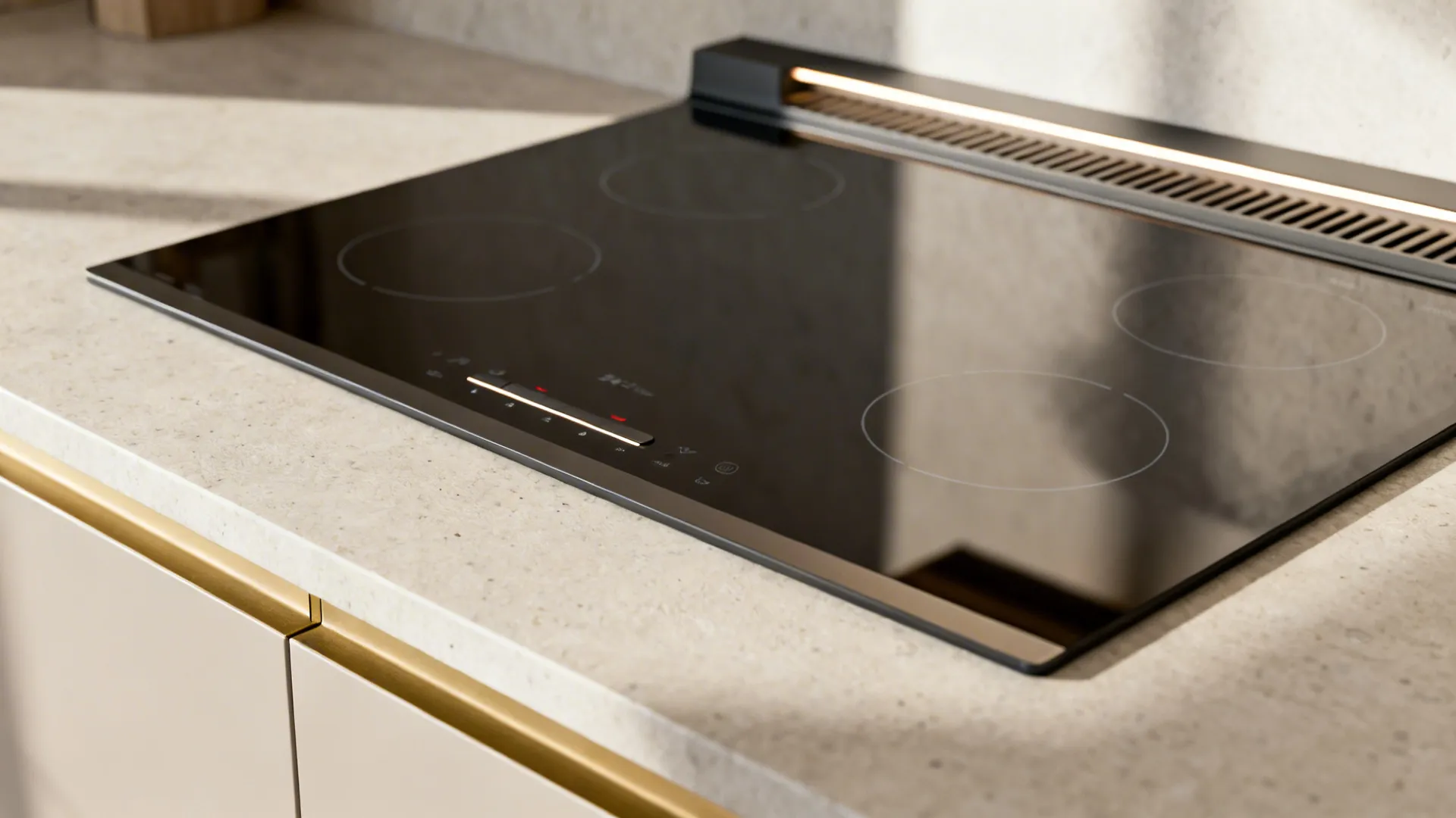 Macro of a 24-inch induction cooktop in a pale stone worktop with subtle LED reflections.