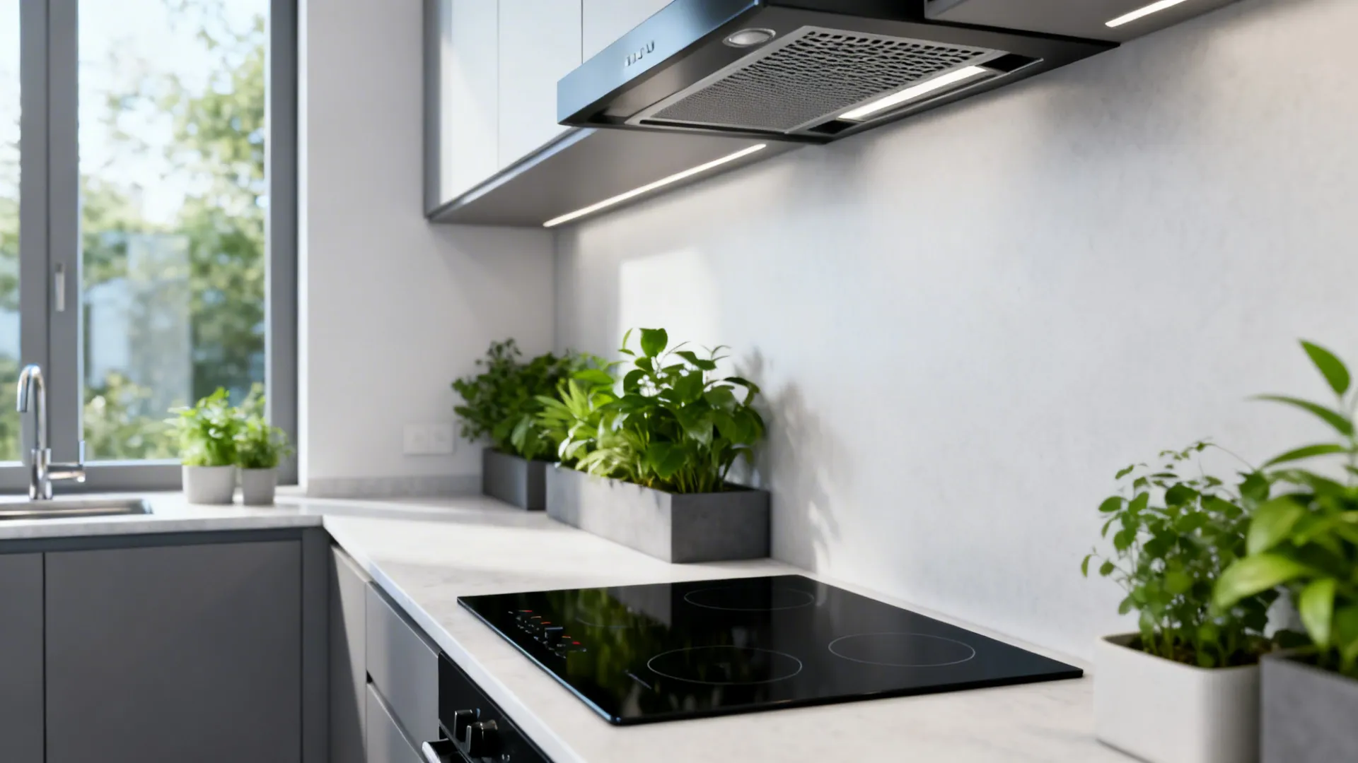 Compact kitchen with an induction cooktop and subtle makeup air grille under a canopy hood.