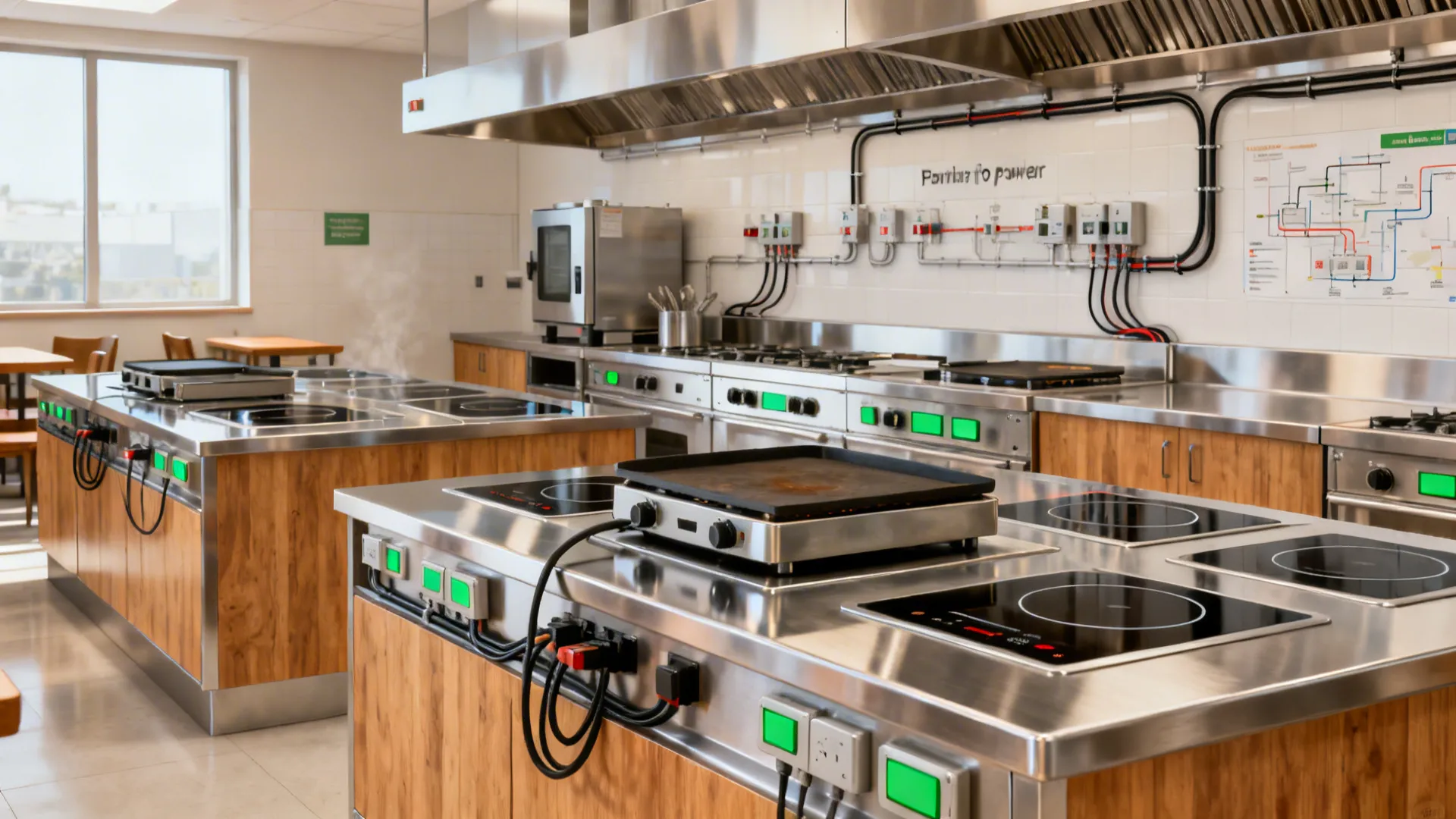 Modular induction cook line with plug-and-play power points and tidy cable management.