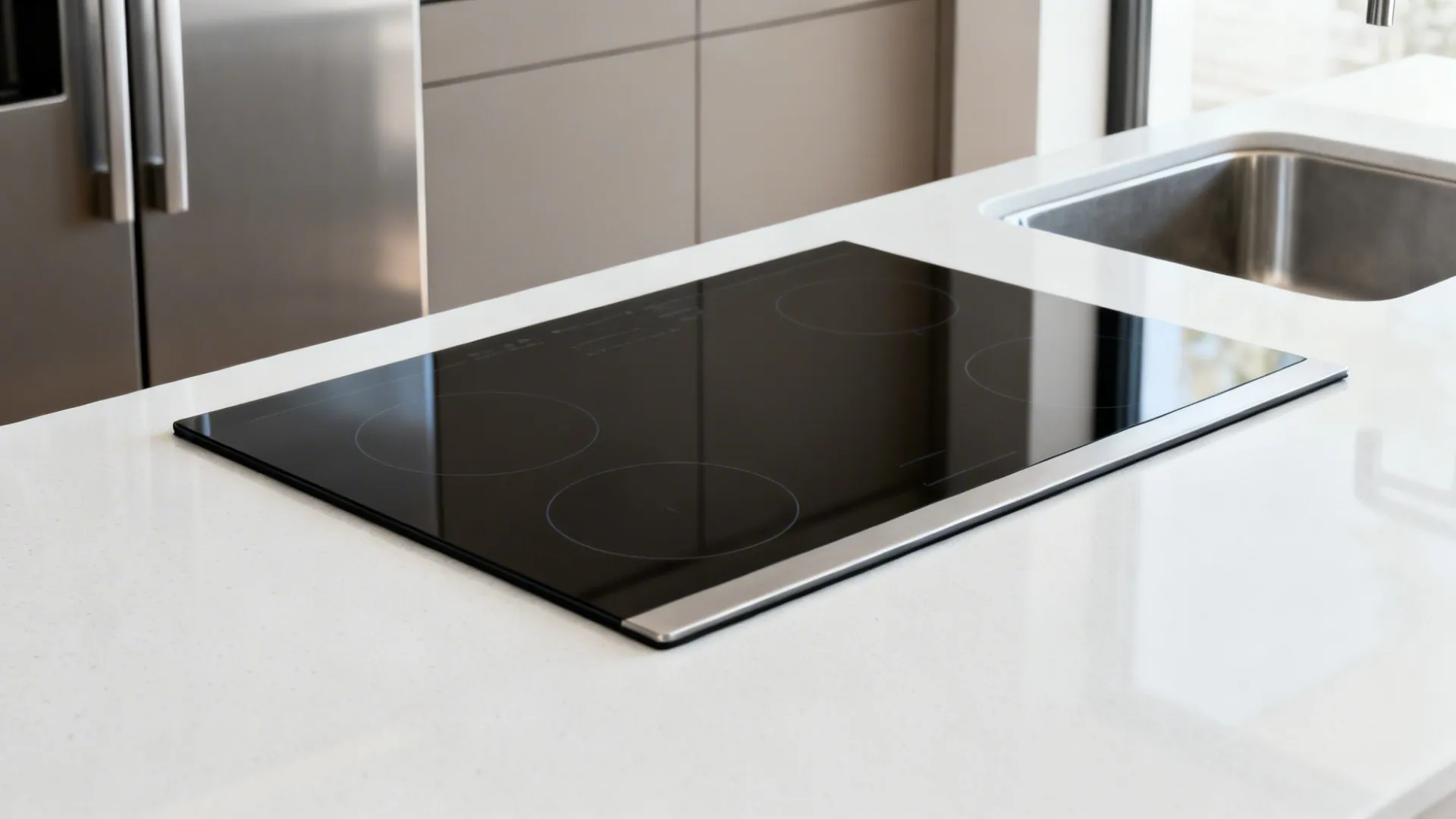 Close-up of a 30-inch induction cooktop and 60/40 sink set in white quartz in a compact U kitchen.