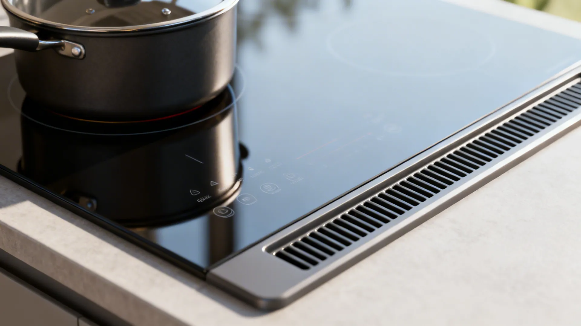 Close-up of a sleek induction cooktop and slim vent hood intake detail.