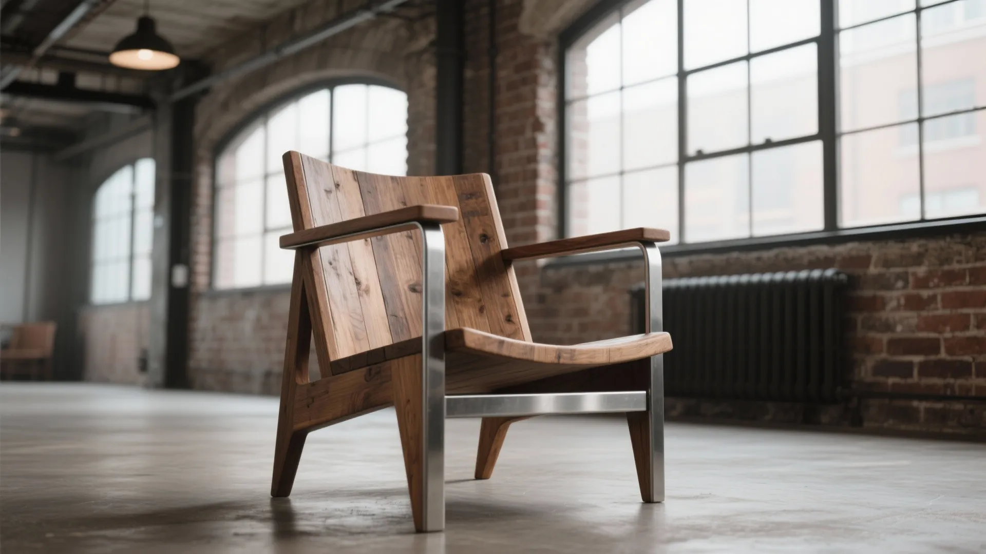 Modern wood and metal chair inside an industrial loft with brick walls and large windows