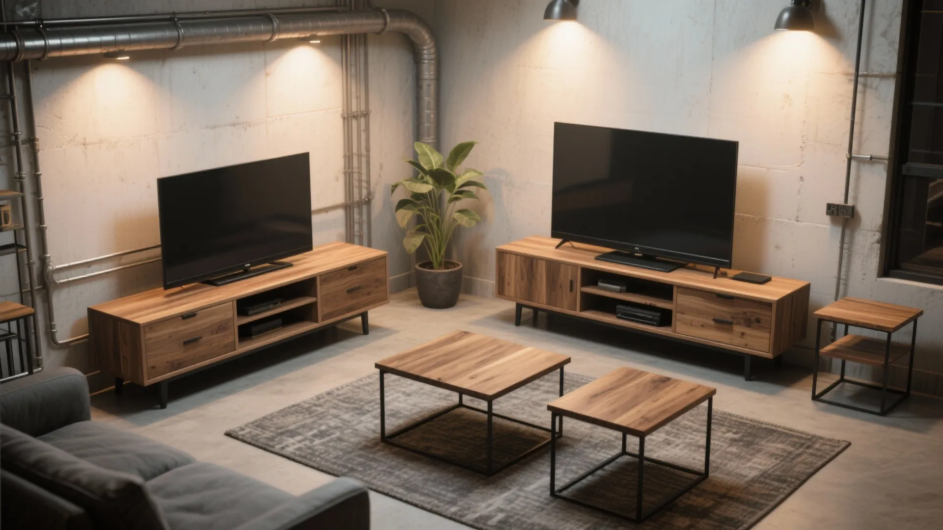 Industrial living room with concrete walls exposed pipes wooden cabinets televisions coffee tables and plant