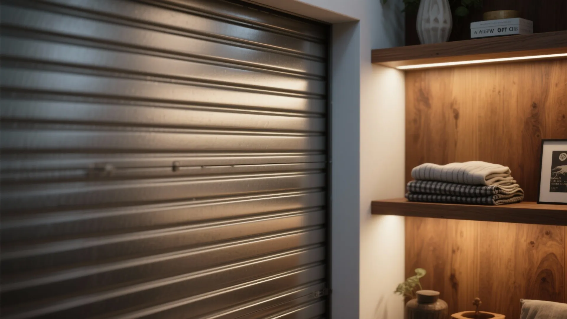 Macro view of matte metal garage door with warm wood shelving and textiles