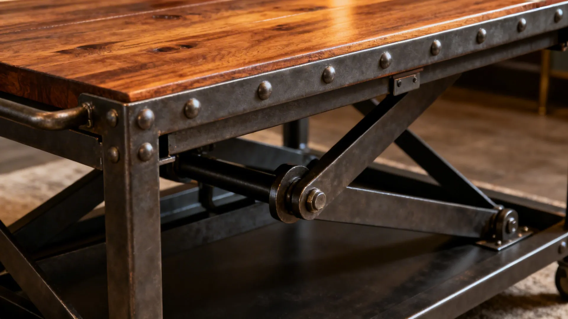 Industrial style coffee table featuring a dark wood top with metal frame and visible rivets