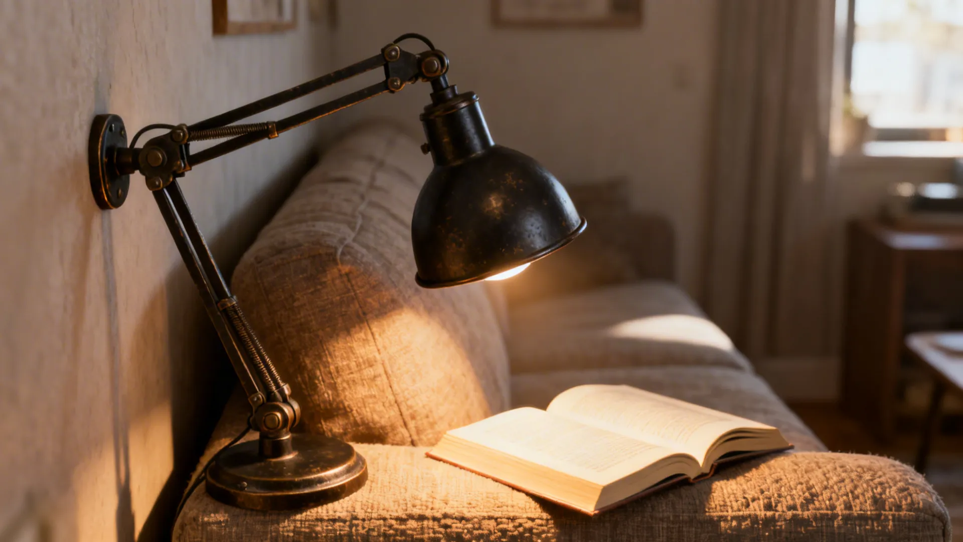 Adjustable arm lamp in matte black directing warm task light onto a sofa and book.