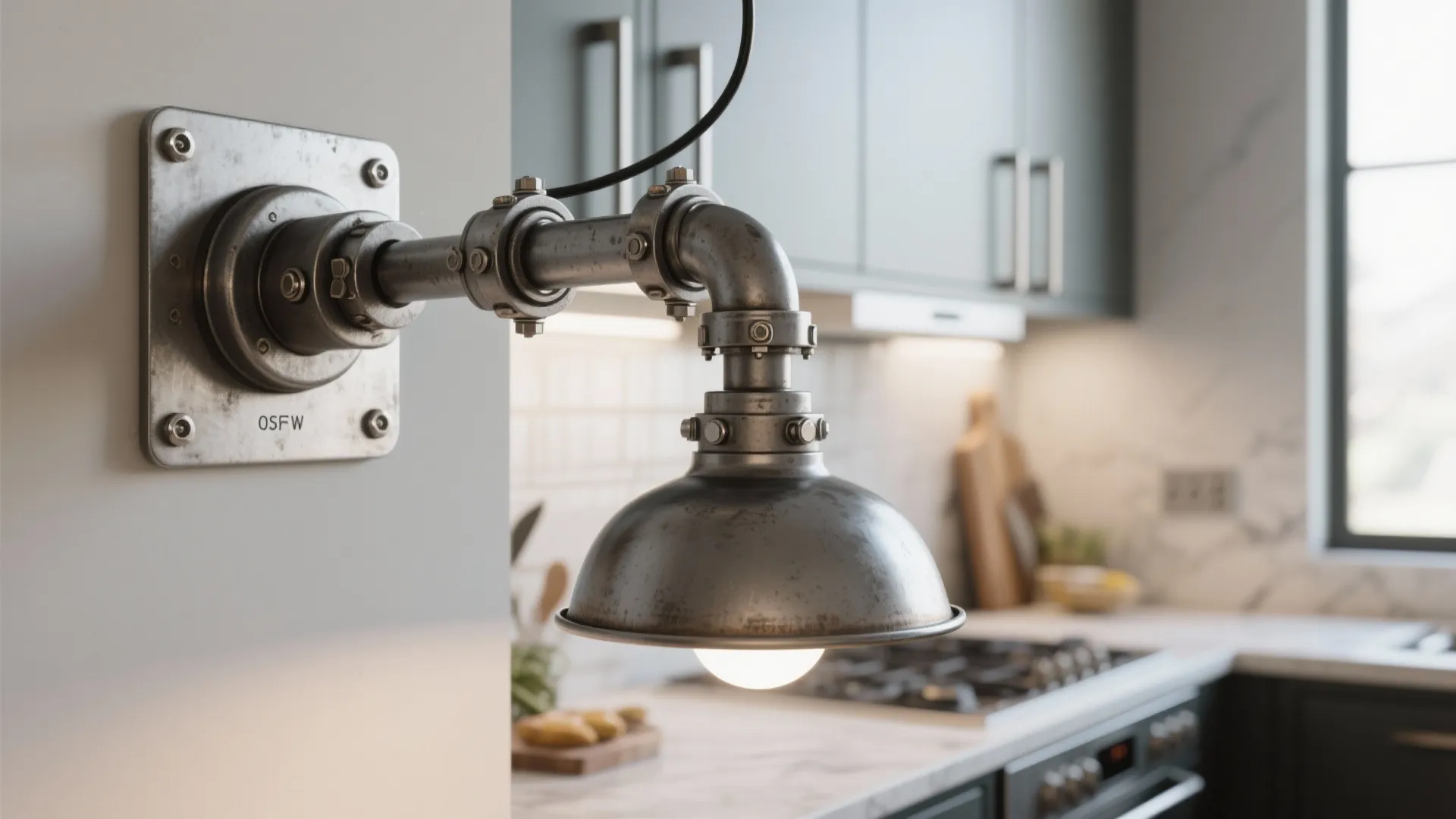 Kitchen prep area with an articulated industrial wall bracket and adjustable pendant for task lighting.